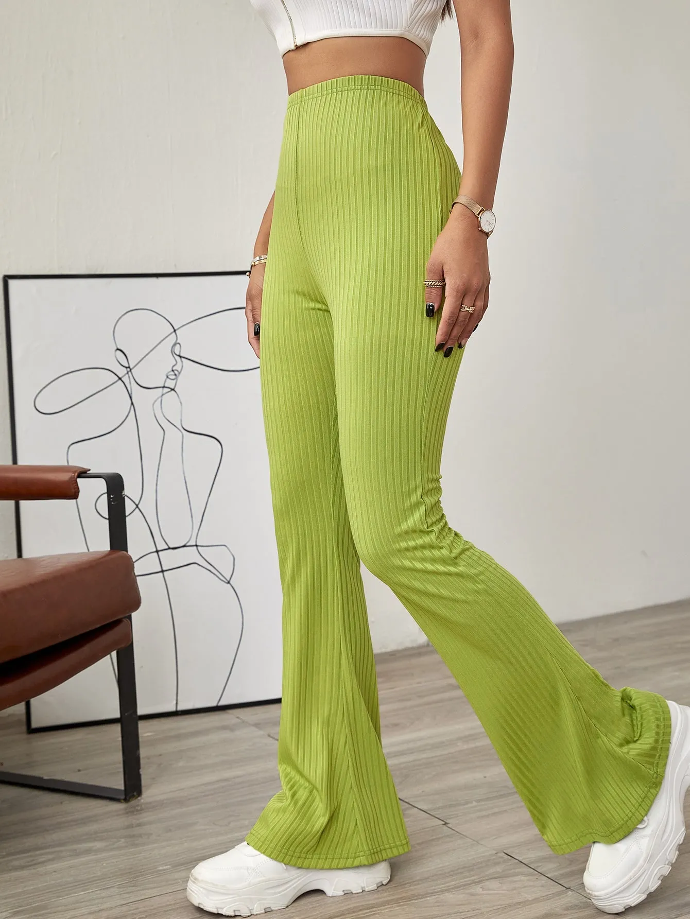 Solid Ribbed Flared Leg Pants