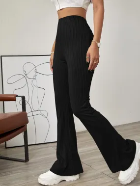 Solid Ribbed Flared Leg Pants