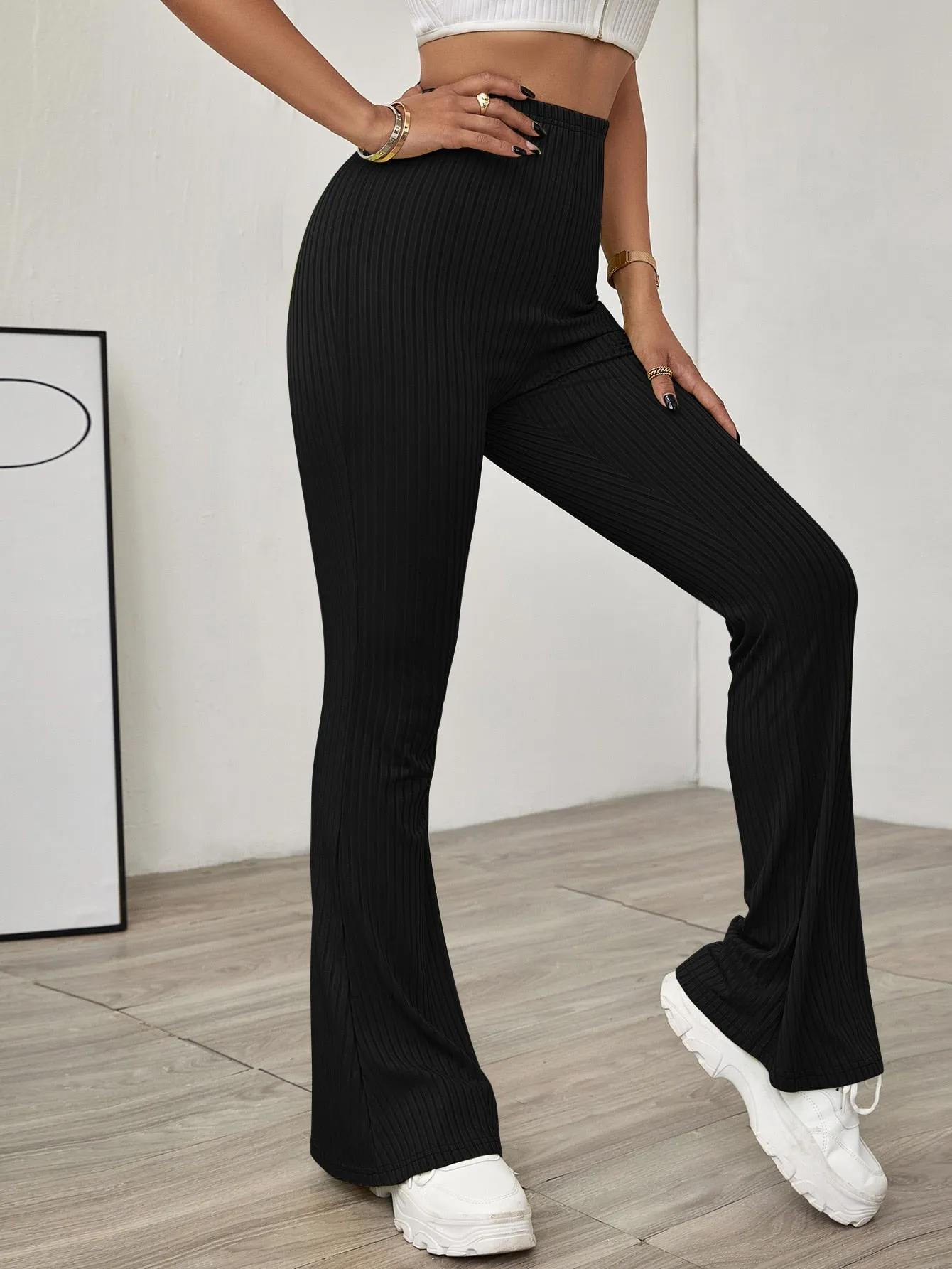 Solid Ribbed Flared Leg Pants