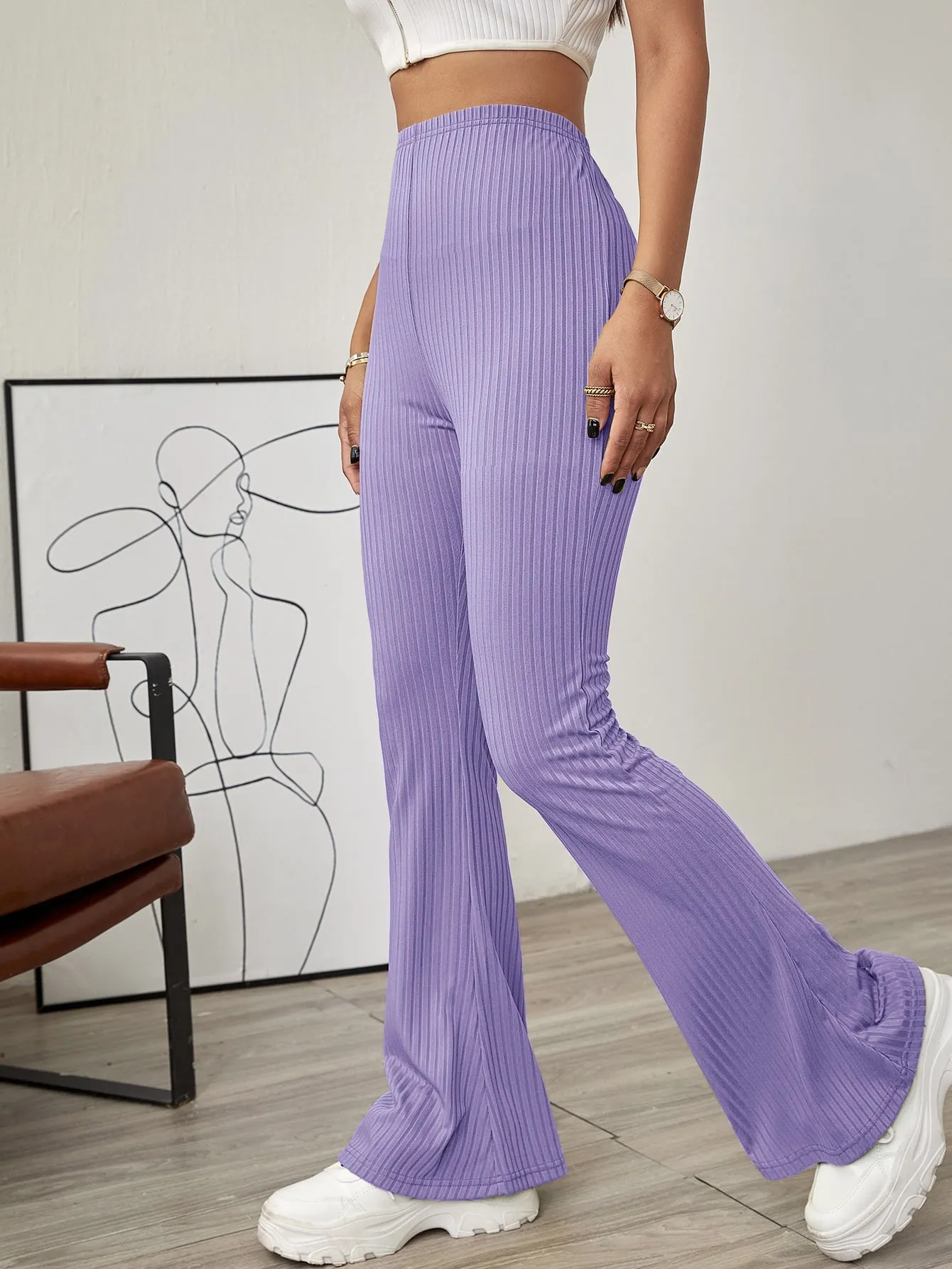 Solid Ribbed Flared Leg Pants