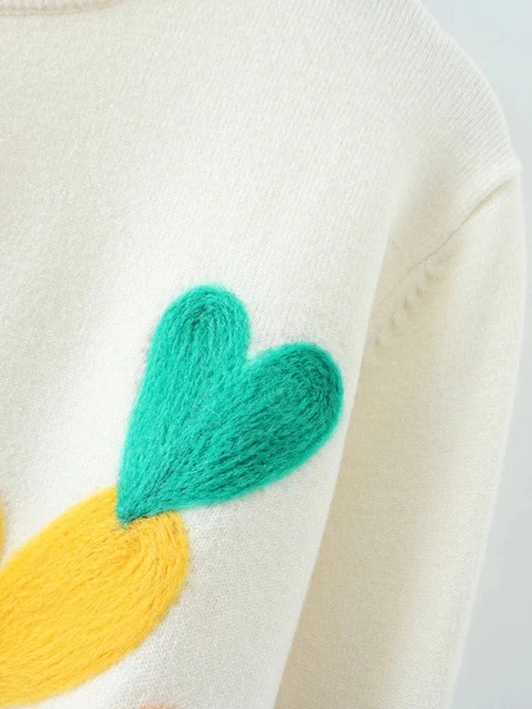 Spring Women Lovely Sweater O-Neck Colorful Candy Color Heart Embroidery Knitwear Slim All-Match Pullover Femme C-066