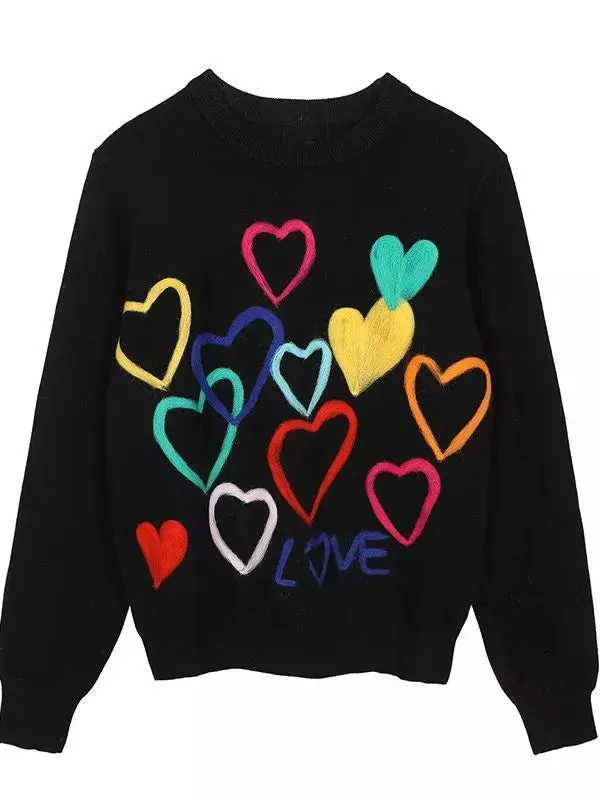 Spring Women Lovely Sweater O-Neck Colorful Candy Color Heart Embroidery Knitwear Slim All-Match Pullover Femme C-066