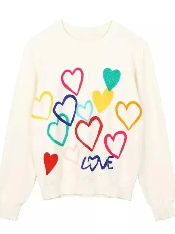 Spring Women Lovely Sweater O-Neck Colorful Candy Color Heart Embroidery Knitwear Slim All-Match Pullover Femme C-066