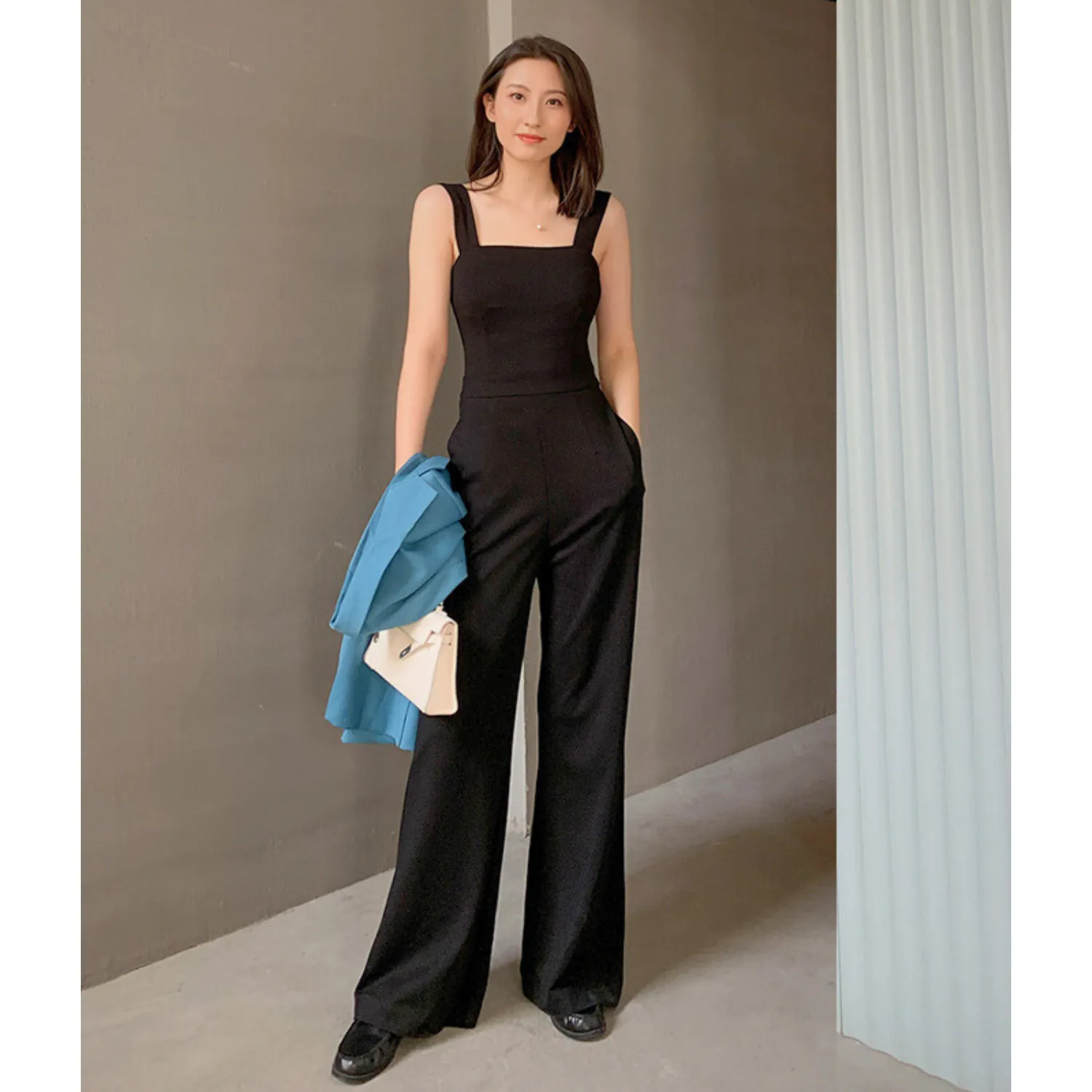 Square Neck Sleeveless Jumpsuit Overalls - Black