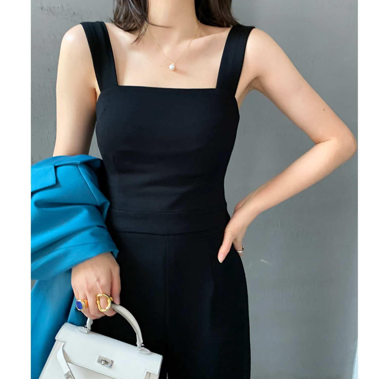 Square Neck Sleeveless Jumpsuit Overalls - Black