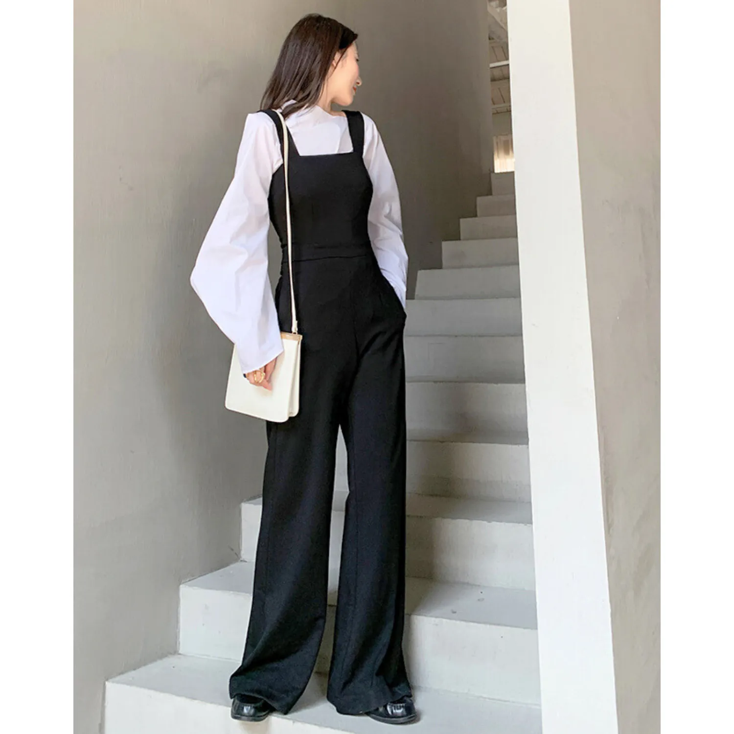 Square Neck Sleeveless Jumpsuit Overalls - Black