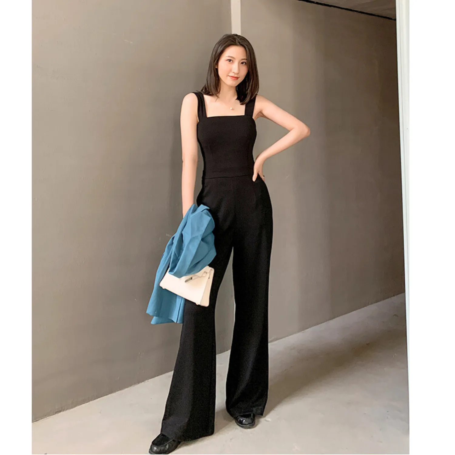 Square Neck Sleeveless Jumpsuit Overalls - Black