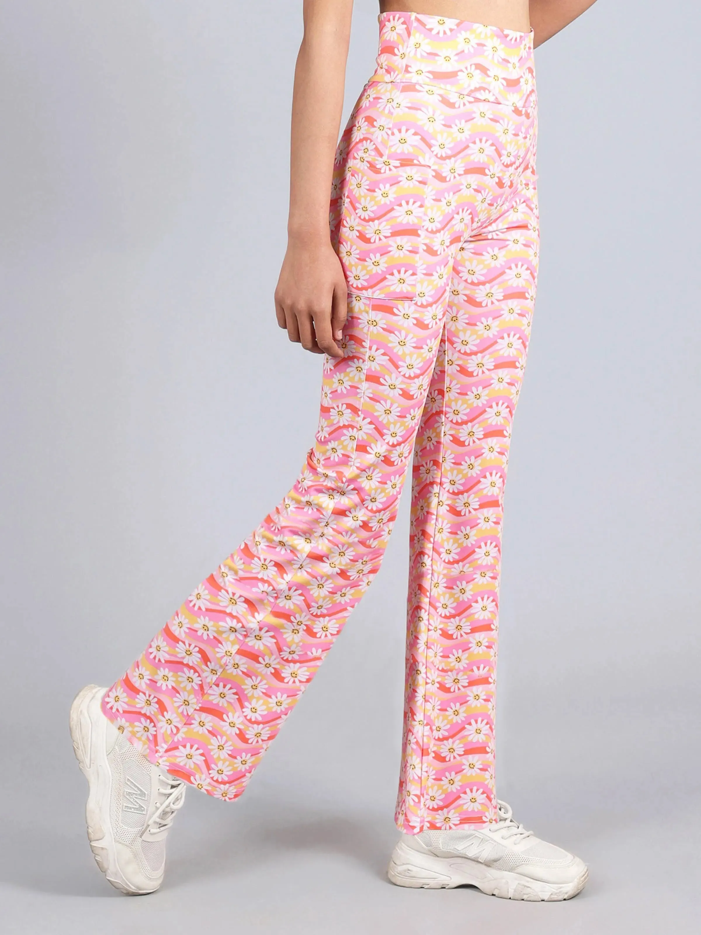 Stretchable Bell Bottom Pants | Sunflower Print Sports Leggings