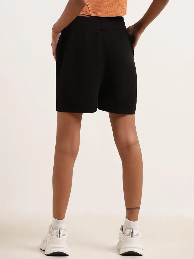 Studiofit Black Solid Athletic Cotton Shorts