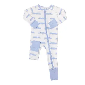 The Uptown Baby Blue Trains Long Sleeve Romper