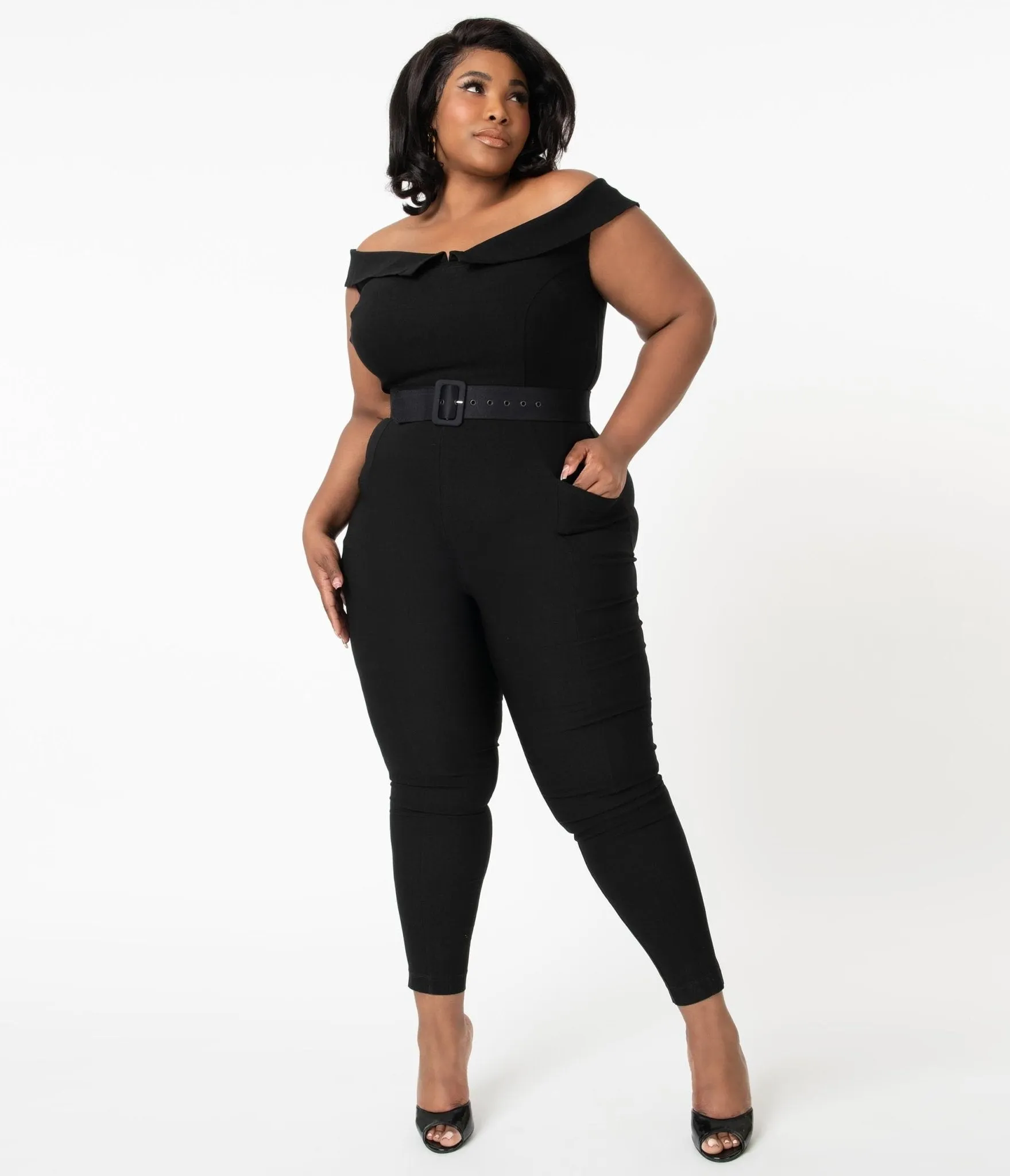 Unique Vintage Plus Size 1950s Black Off Shoulder Gillian Jumpsuit