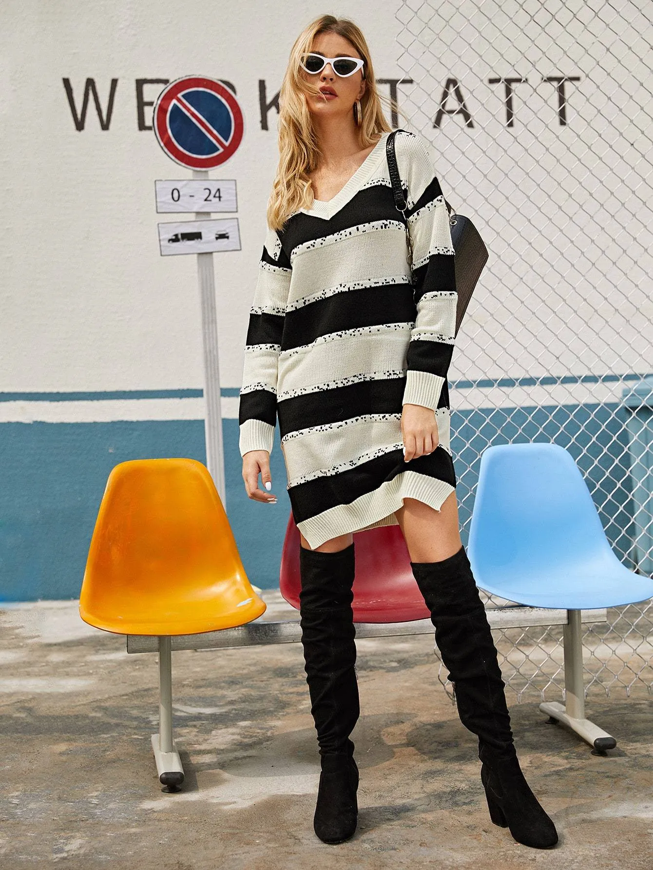 V-Neck Striped Side Split Jumper Dress