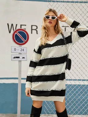 V-Neck Striped Side Split Jumper Dress