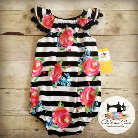 Watercolor Floral Stripe Bubble Romper with Pom Pom Trim