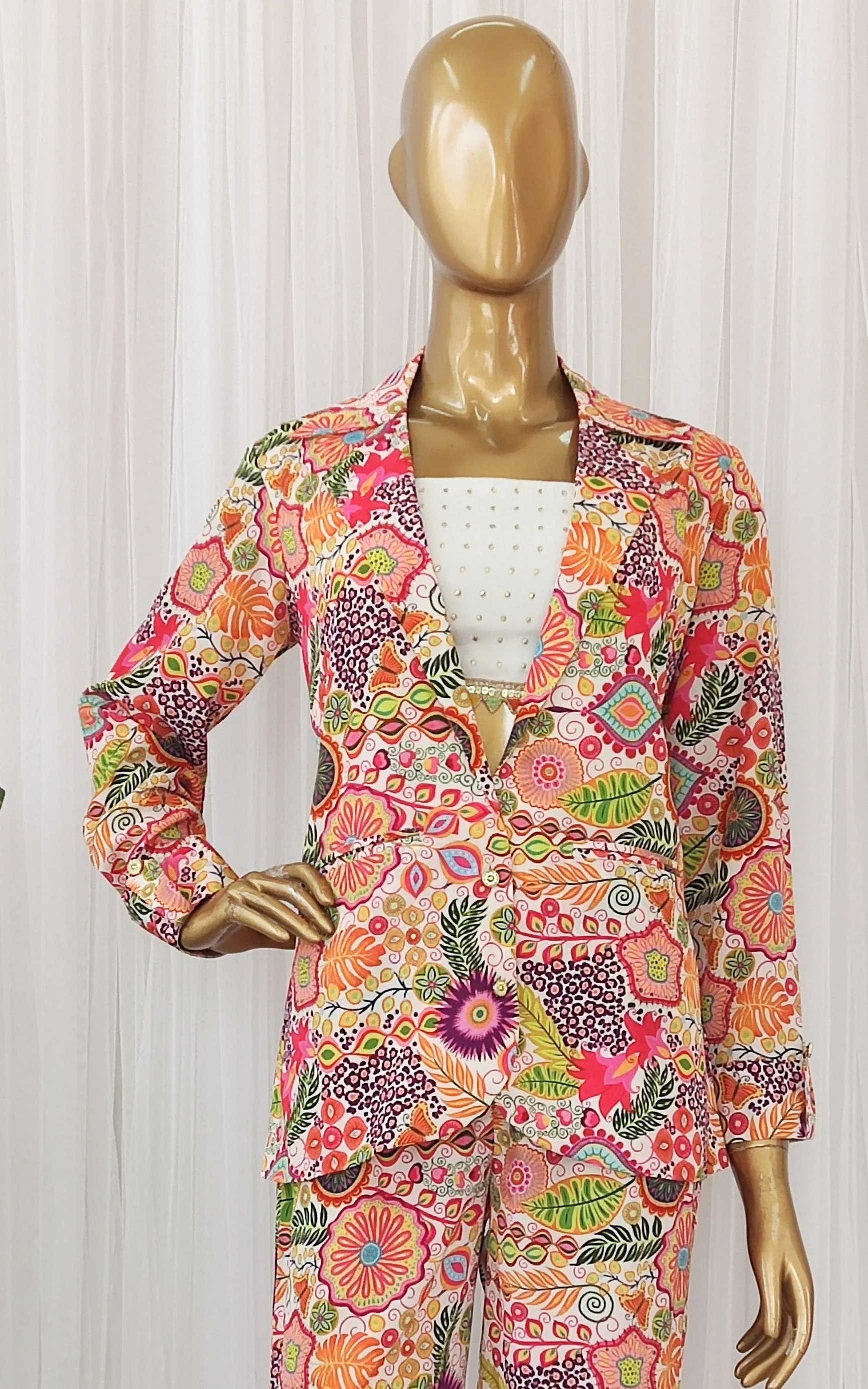 White Colorful Printed Blazer Co-Ord Set