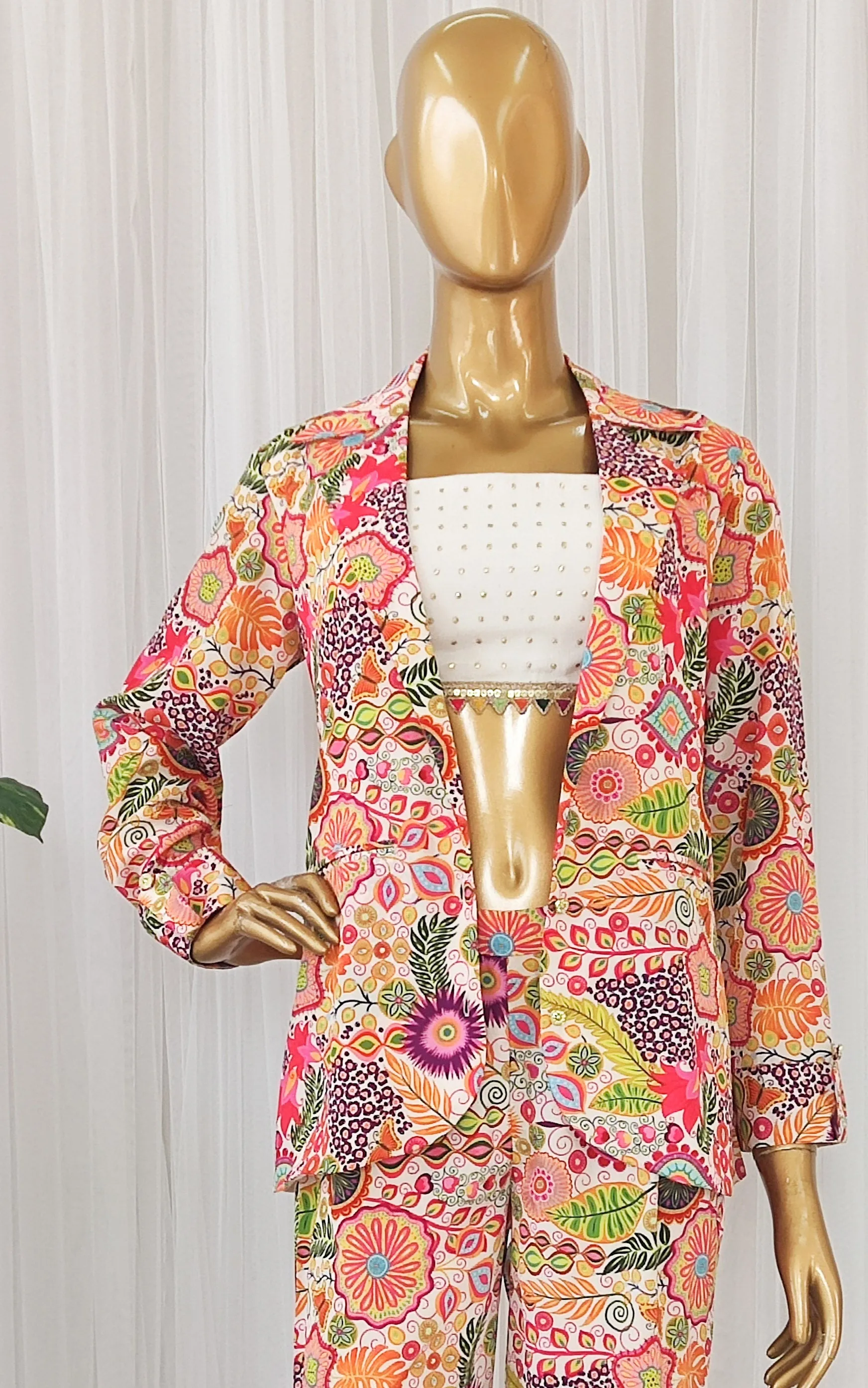 White Colorful Printed Blazer Co-Ord Set