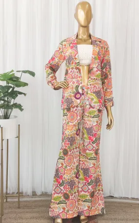 White Colorful Printed Blazer Co-Ord Set