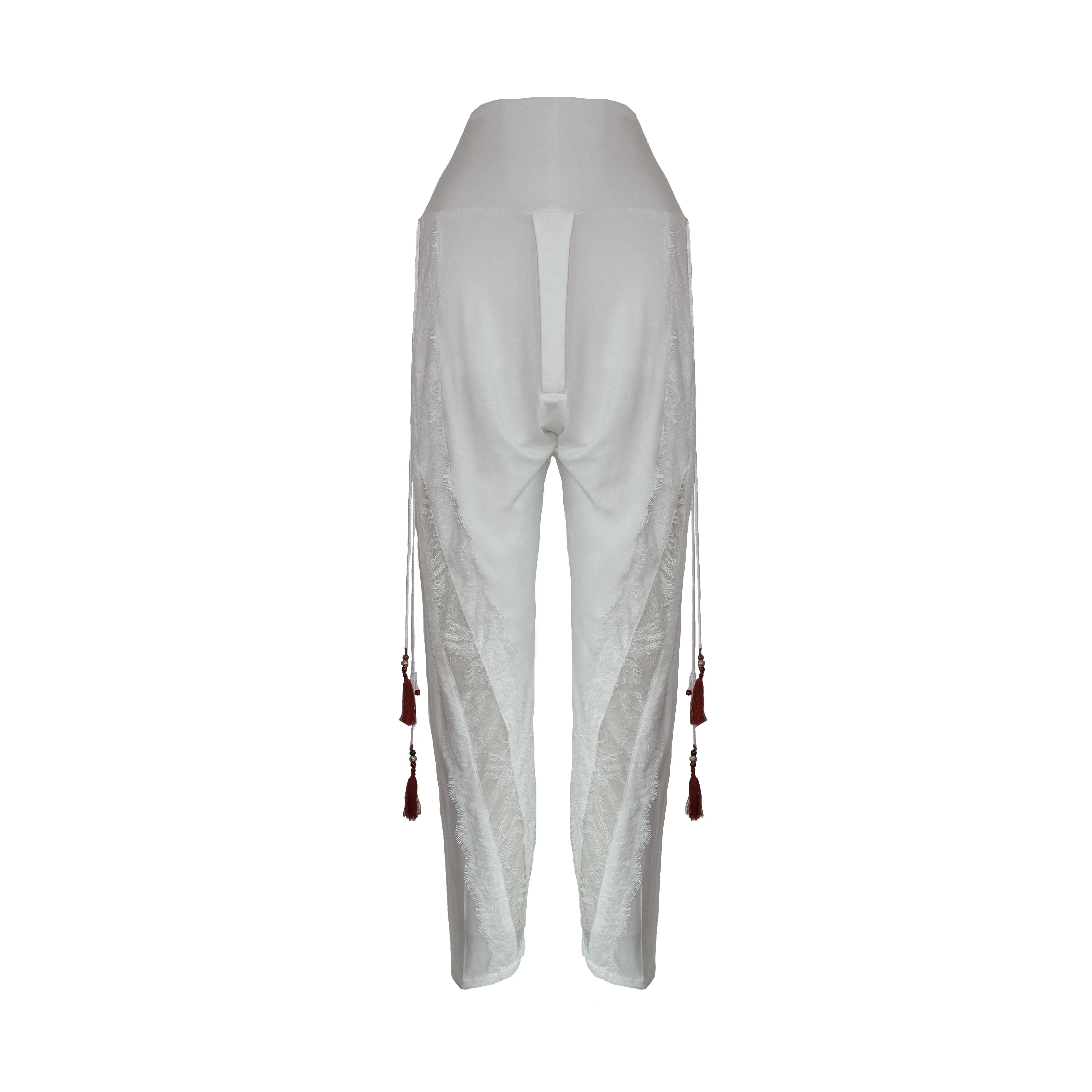 White Modal Soft Jersey Pant with Lace Seam Detail