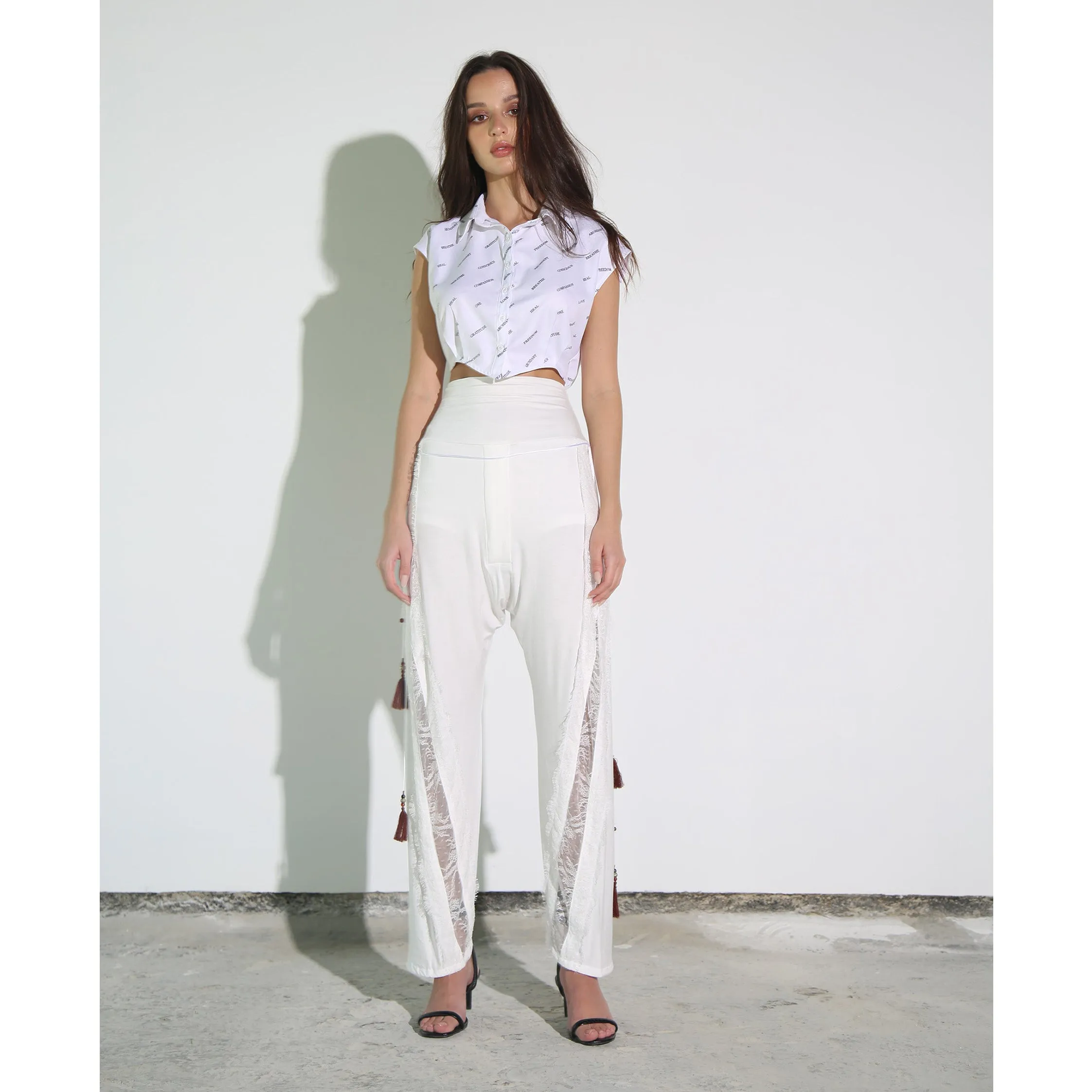 White Modal Soft Jersey Pant with Lace Seam Detail