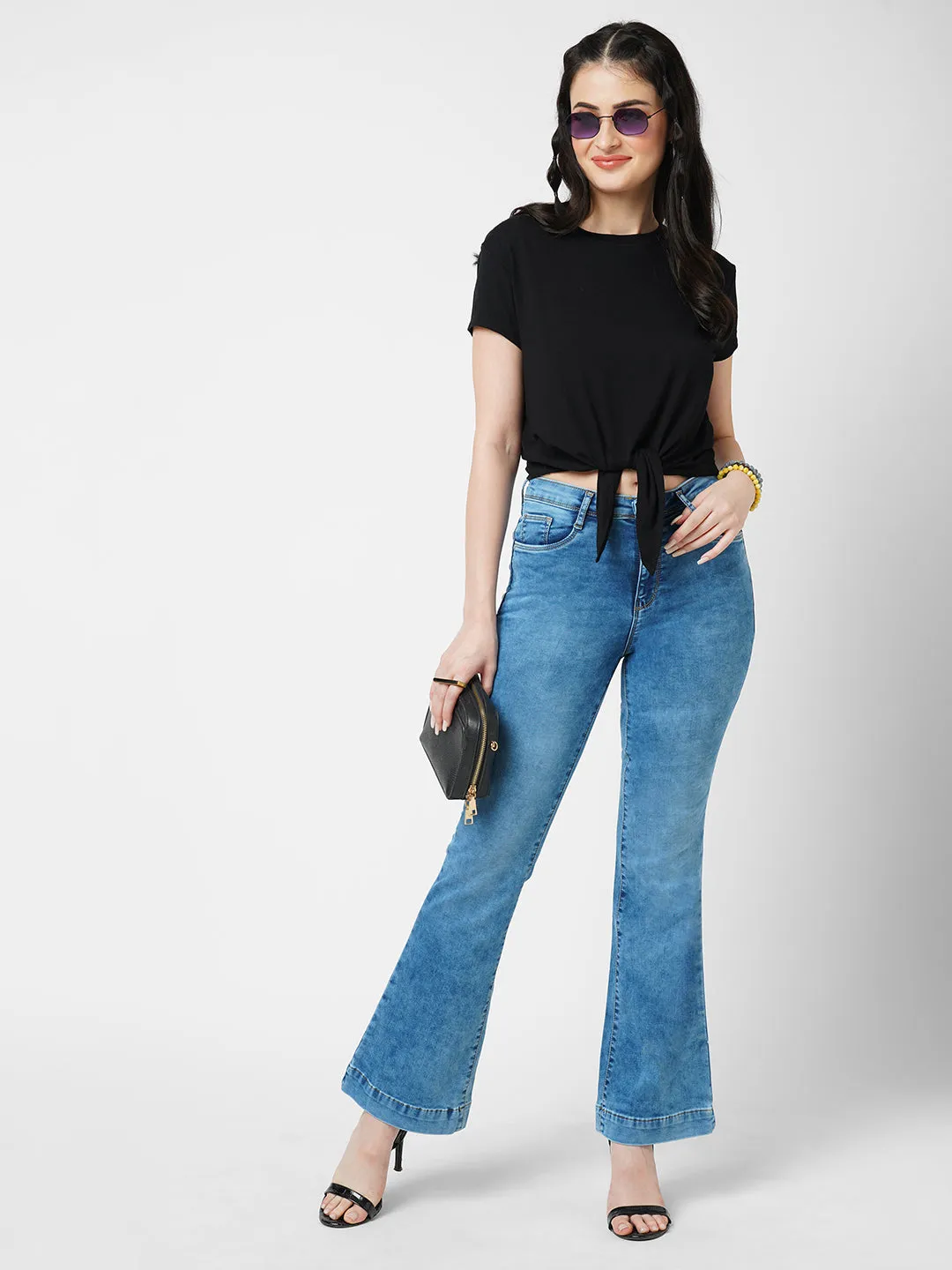 Women Blue K5094 High Rise Mini Flare Jeans