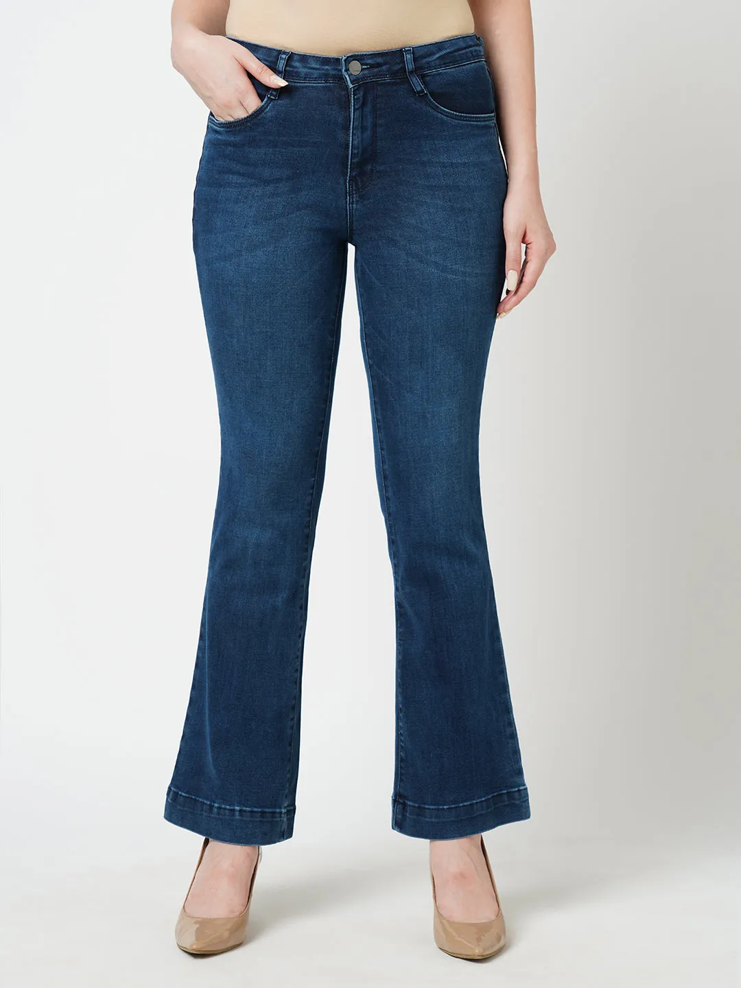 Women Dark Blue K5013 High Rise Flare Jeans