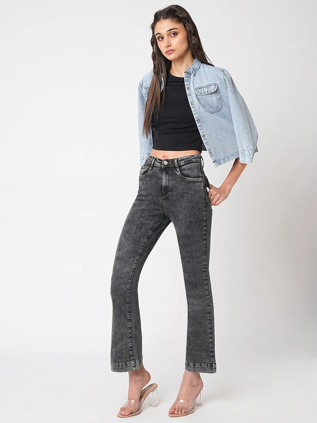 Women Grey High-Rise Flare Jeans