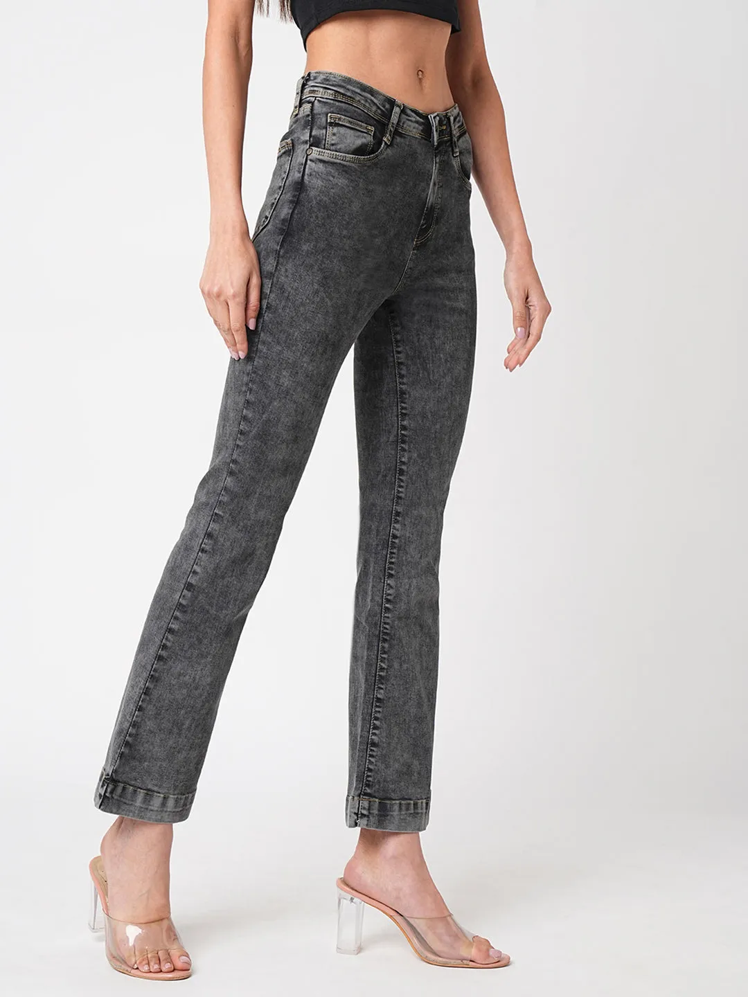 Women Grey High-Rise Flare Jeans