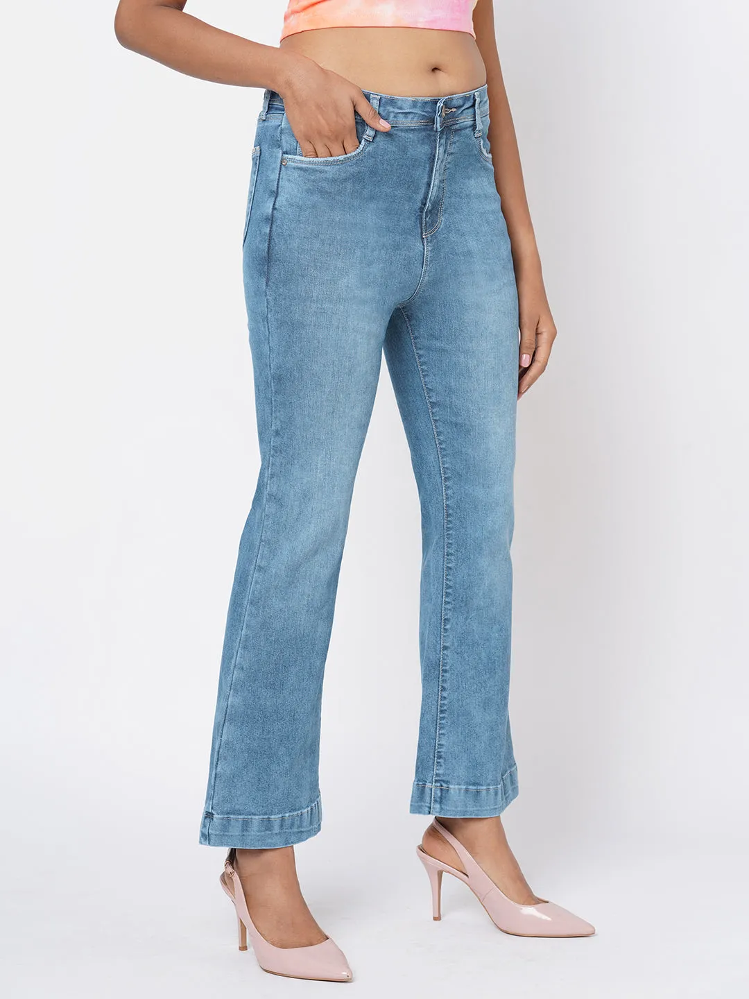 Women High-Rise Mini Flare Jeans