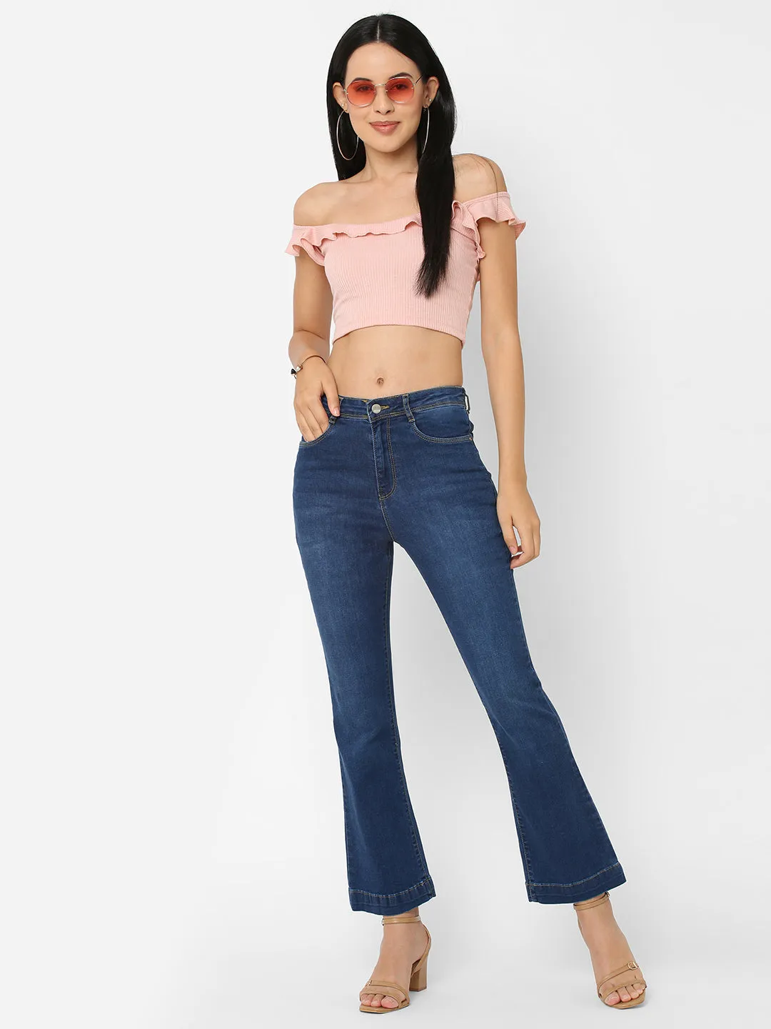 Women High-Rise Mini Flare Jeans