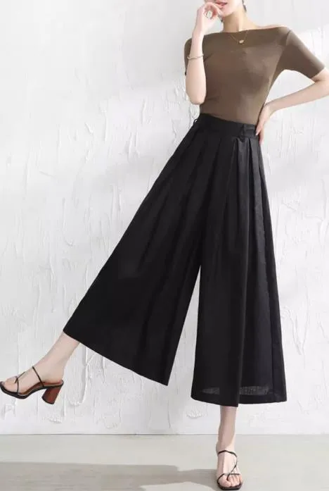 Women linen pants/Cropped trousers/black pants/high waist trousers/wide leg pants/elastic waist Pants/palazzo pants P0025