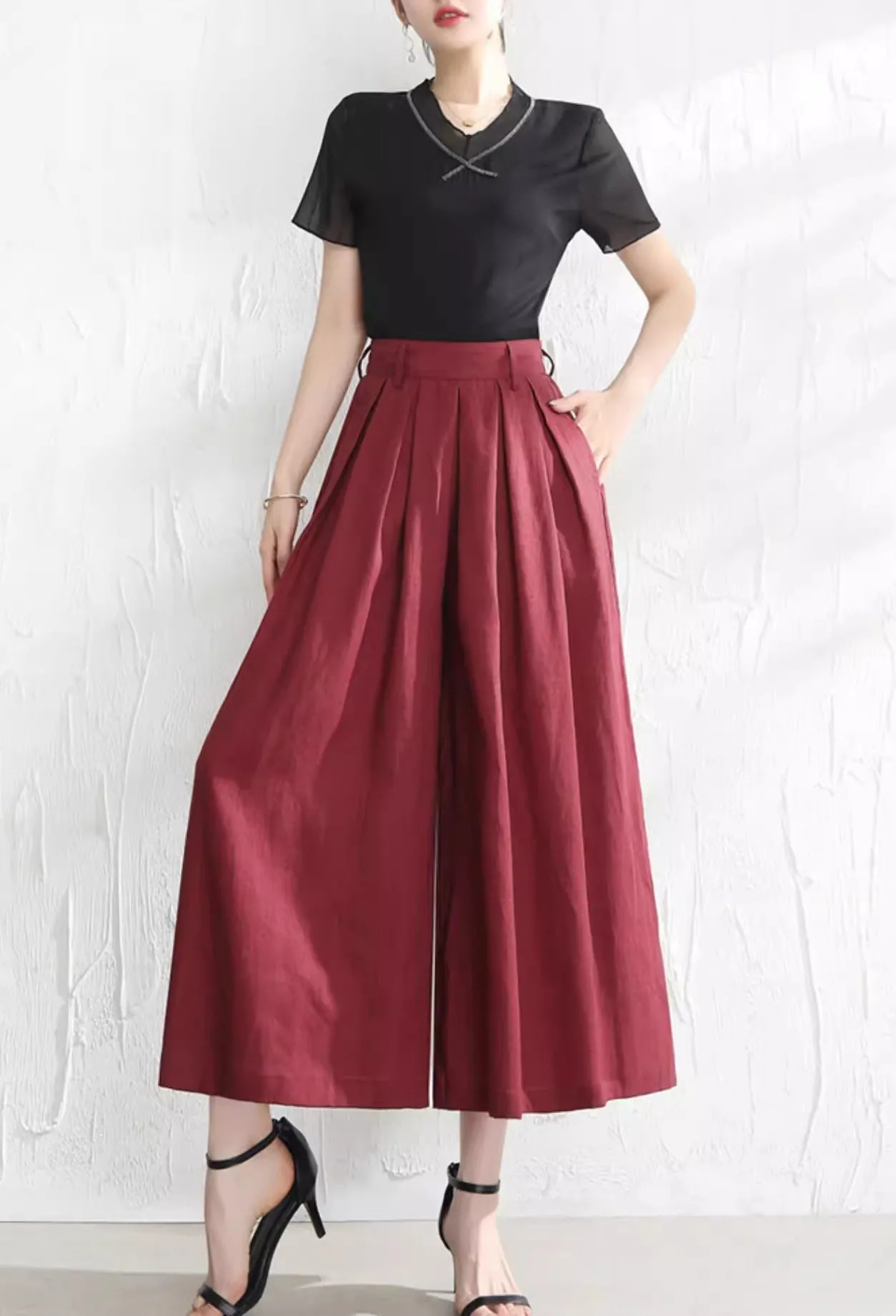 Women linen pants/Cropped trousers/black pants/high waist trousers/wide leg pants/elastic waist Pants/palazzo pants P0025