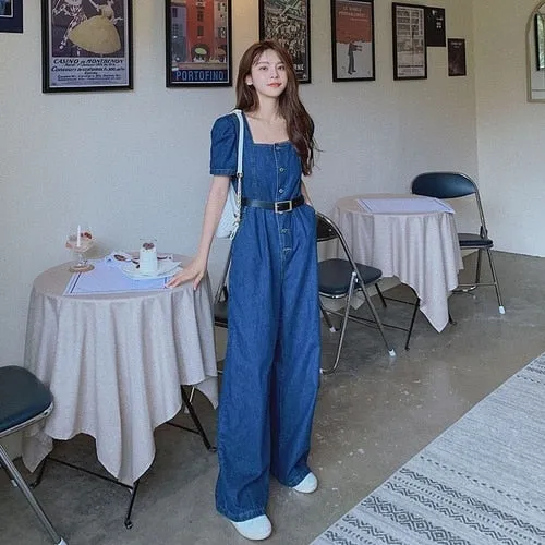 Women Short Sleeve Square Collar Belt Wide Leg Jumpsuit