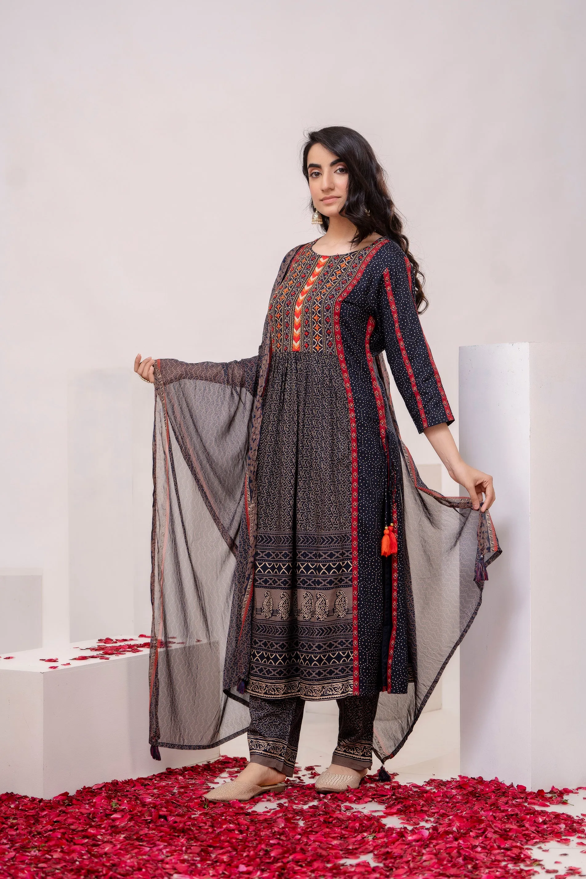 Women's Black Rayon Kurta Pant and Dupatta Set