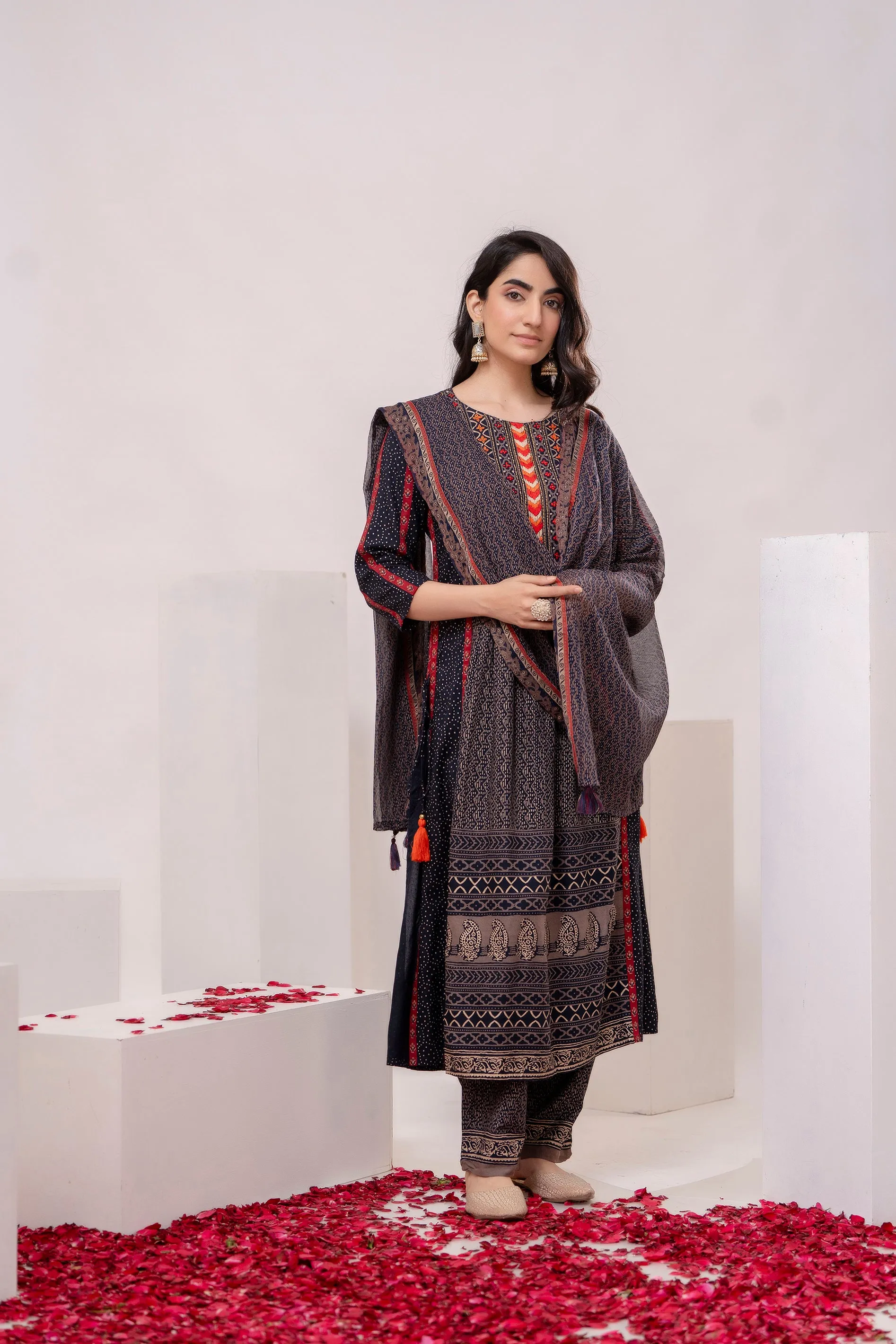 Women's Black Rayon Kurta Pant and Dupatta Set