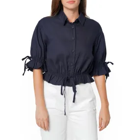 Women's Button Front Tie Hem Blouse in Navy