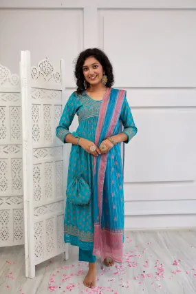 Women's Muslin Turquoise Alia Cut A-line Kurta, Pant & Dupatta With Fancy Potli Set