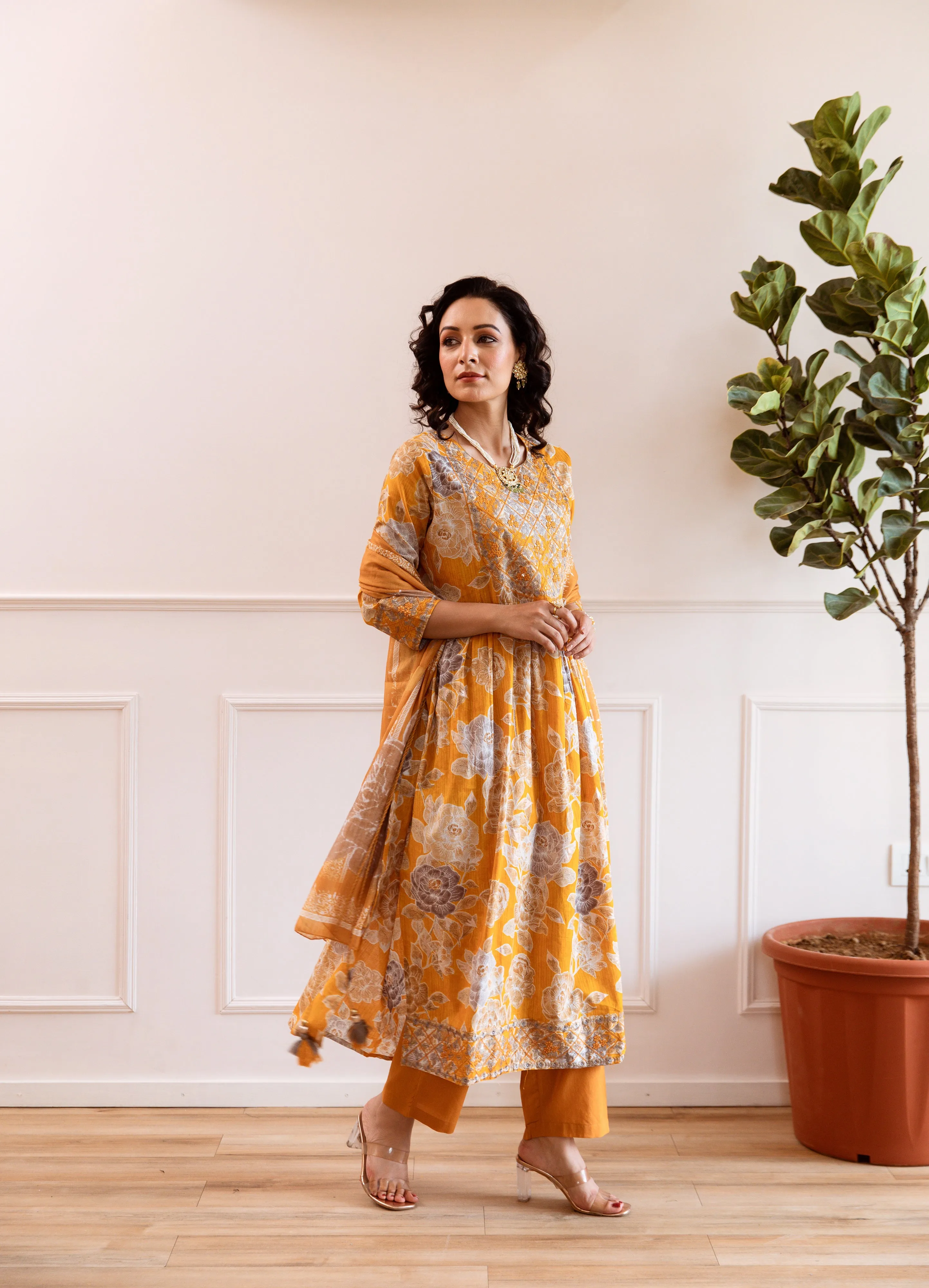 Women's Mustard Cotton Kurta, Pant & Dupatta Set