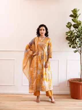 Women's Mustard Cotton Kurta, Pant & Dupatta Set