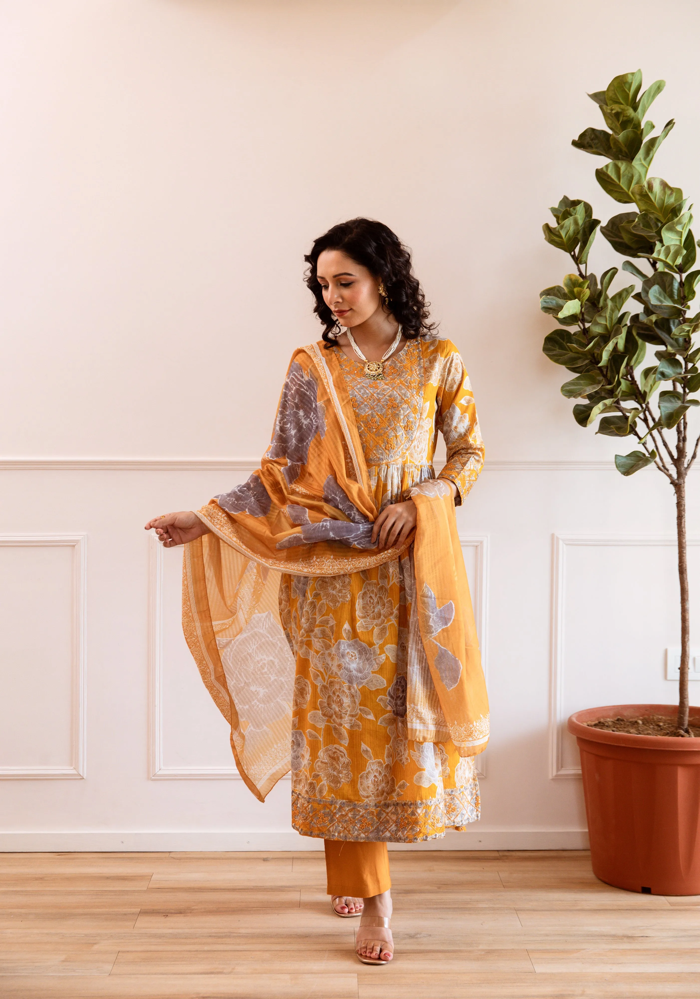 Women's Mustard Cotton Kurta, Pant & Dupatta Set