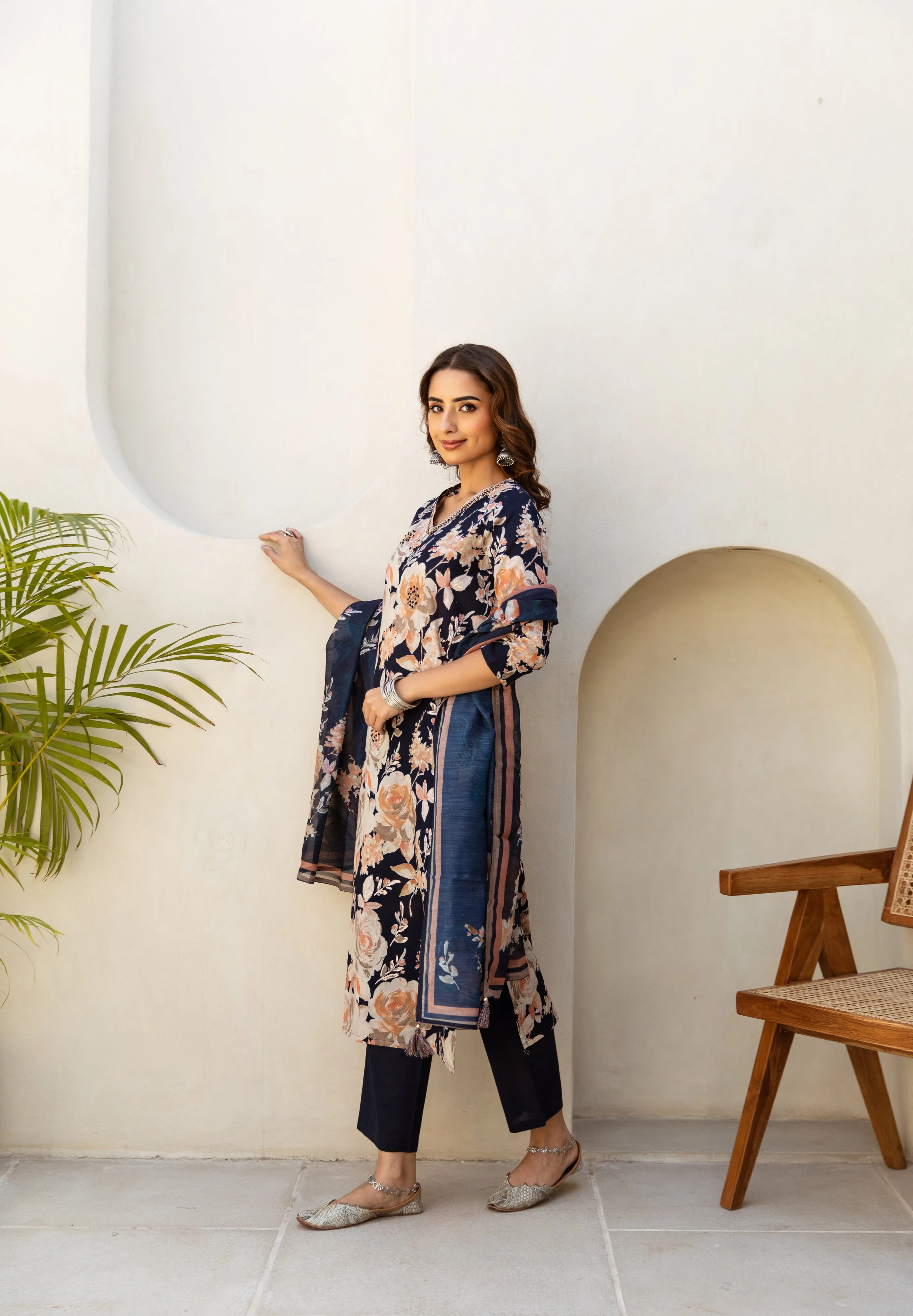 Women's Navy Blue Cotton Kurta, Pant  and Dupatta Set