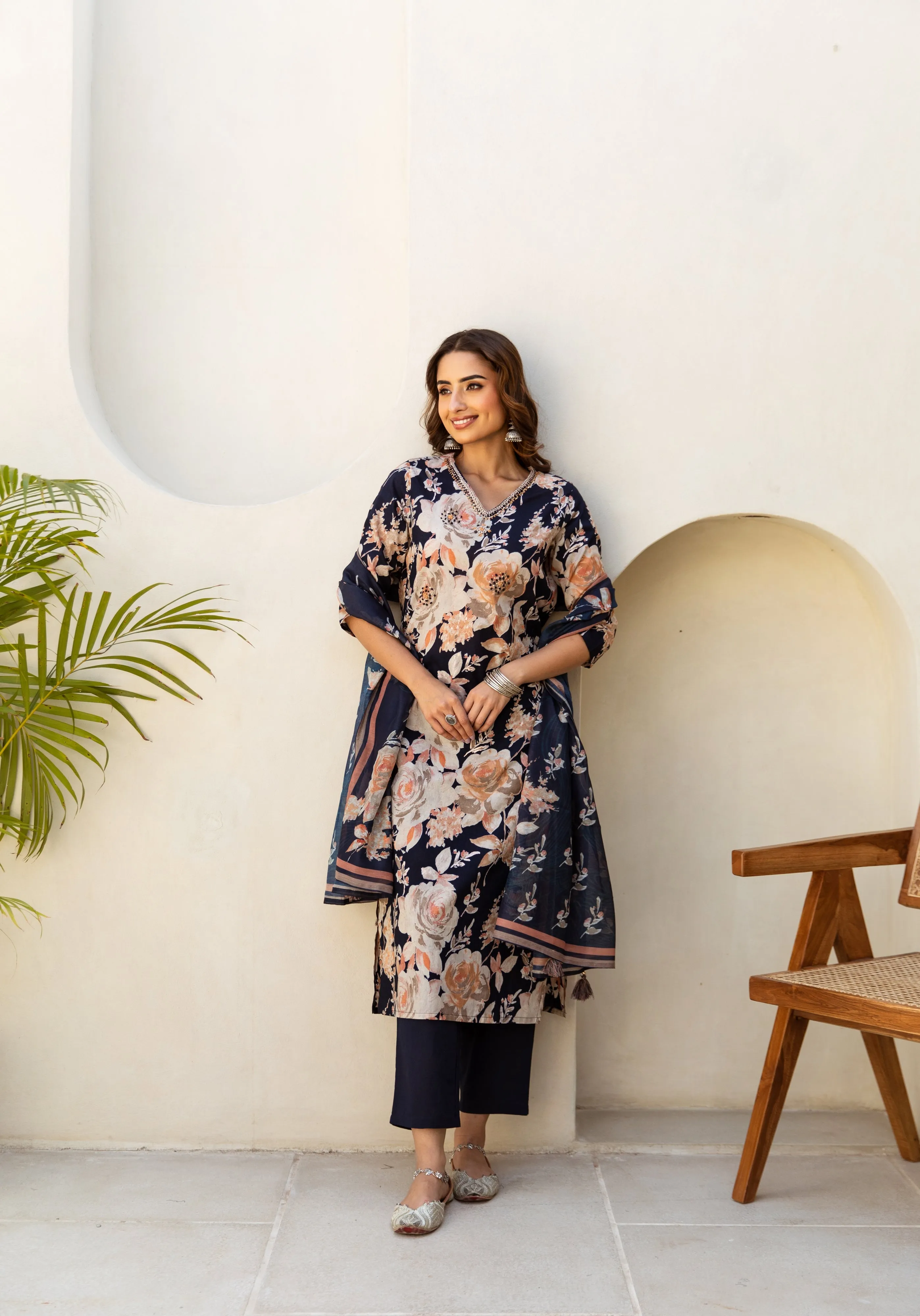 Women's Navy Blue Cotton Kurta, Pant  and Dupatta Set