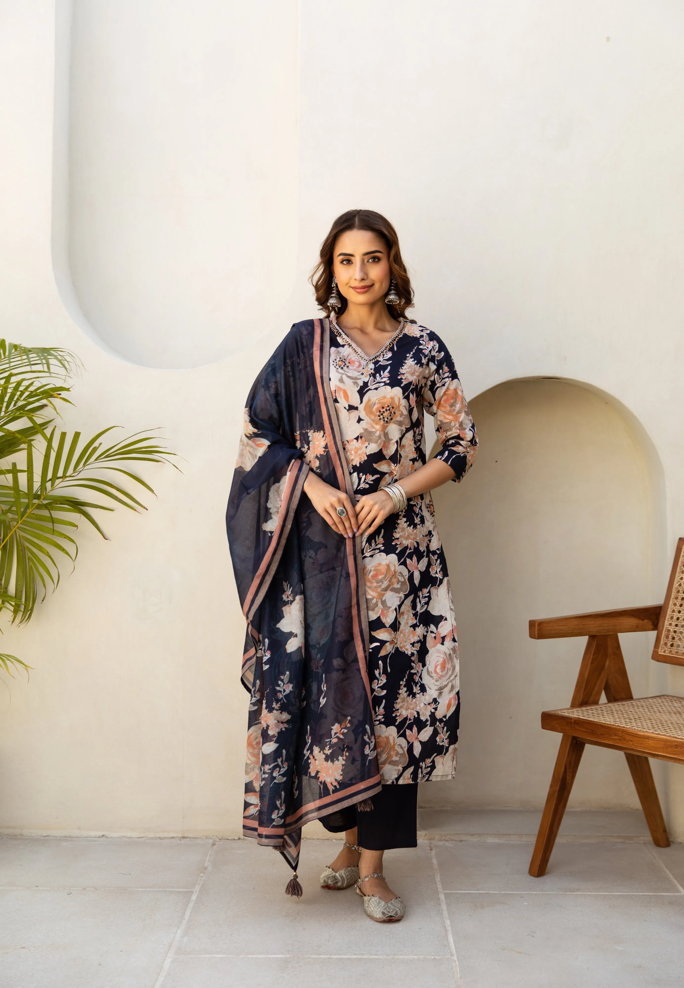 Women's Navy Blue Cotton Kurta, Pant  and Dupatta Set