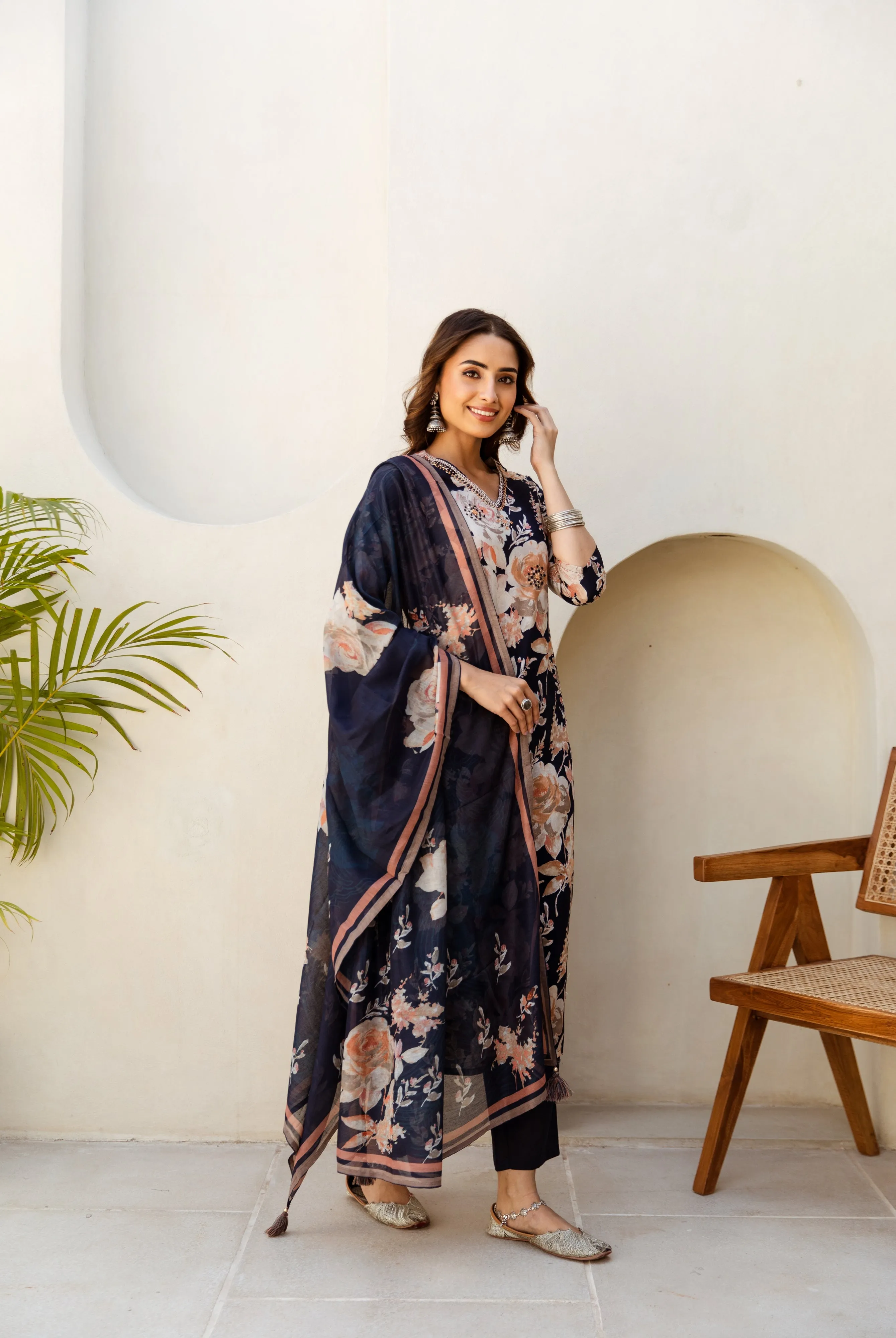 Women's Navy Blue Cotton Kurta, Pant  and Dupatta Set