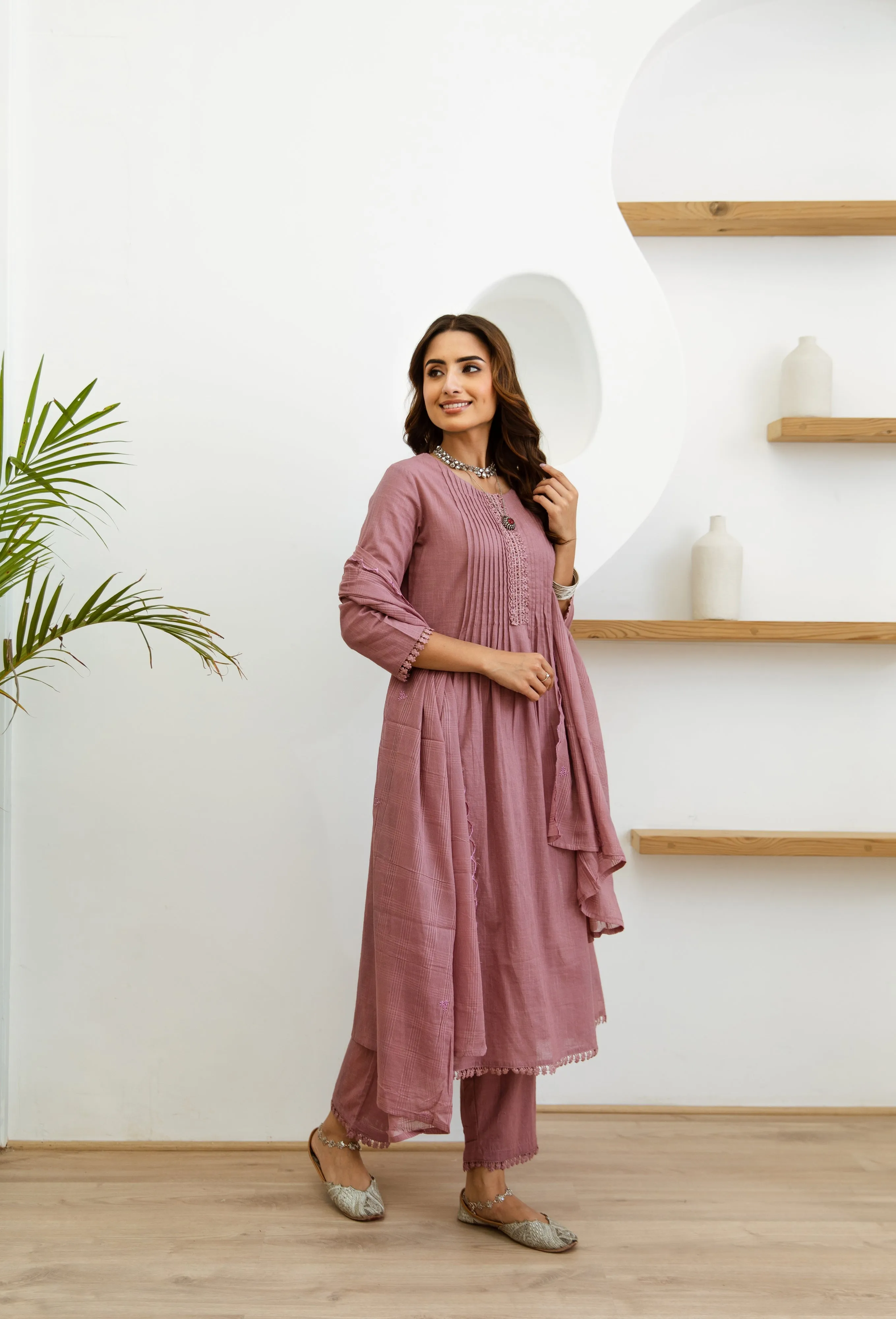 Women's Pink Cotton Kurta, Pant  and Dupatta Set