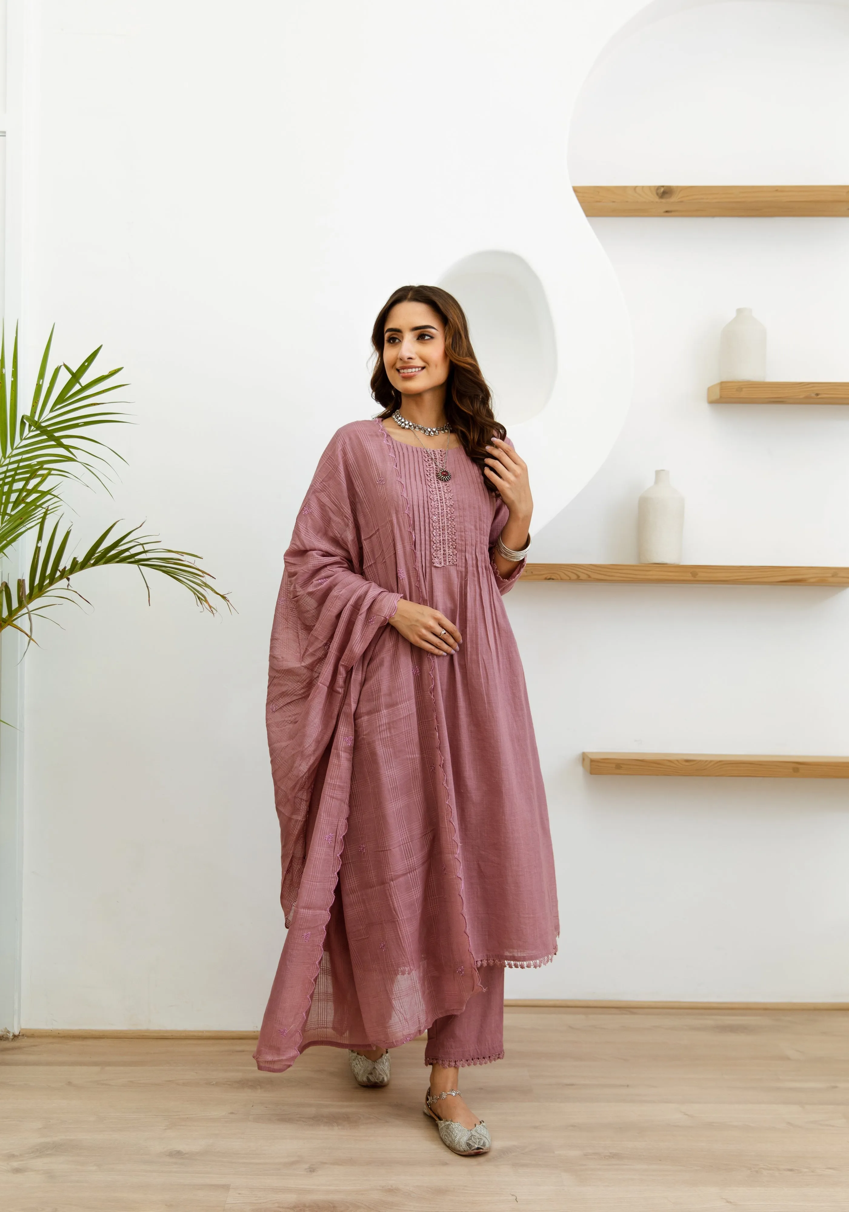 Women's Pink Cotton Kurta, Pant  and Dupatta Set