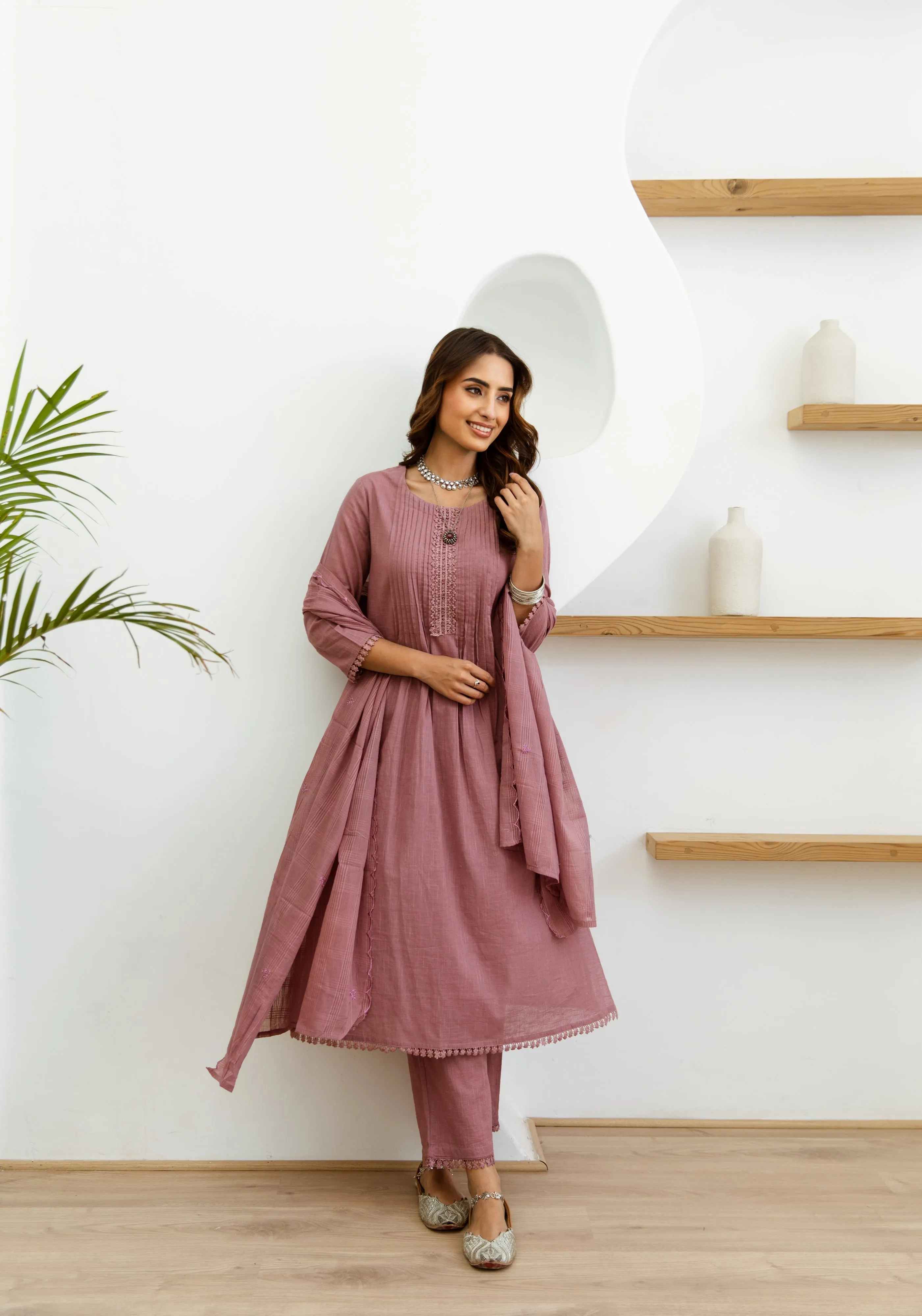 Women's Pink Cotton Kurta, Pant  and Dupatta Set