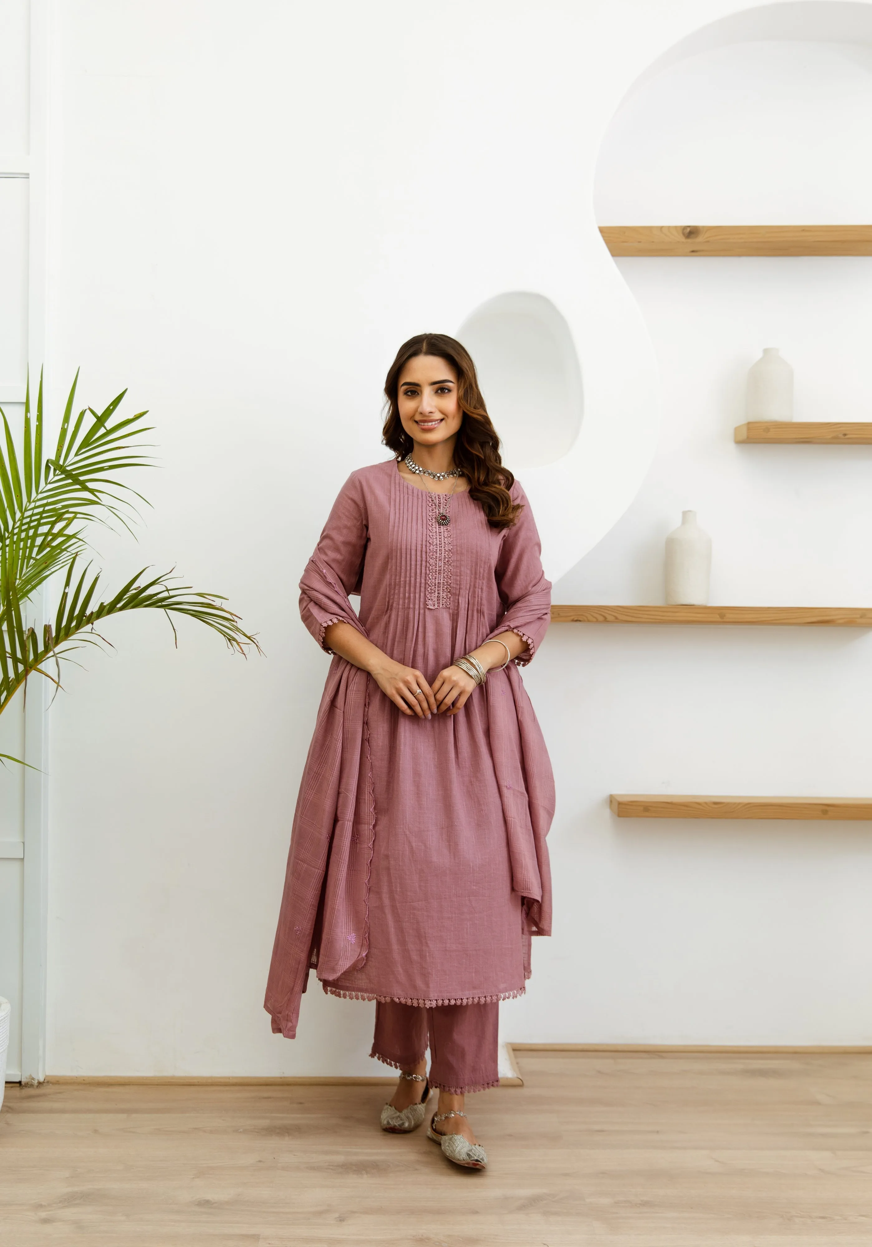 Women's Pink Cotton Kurta, Pant  and Dupatta Set