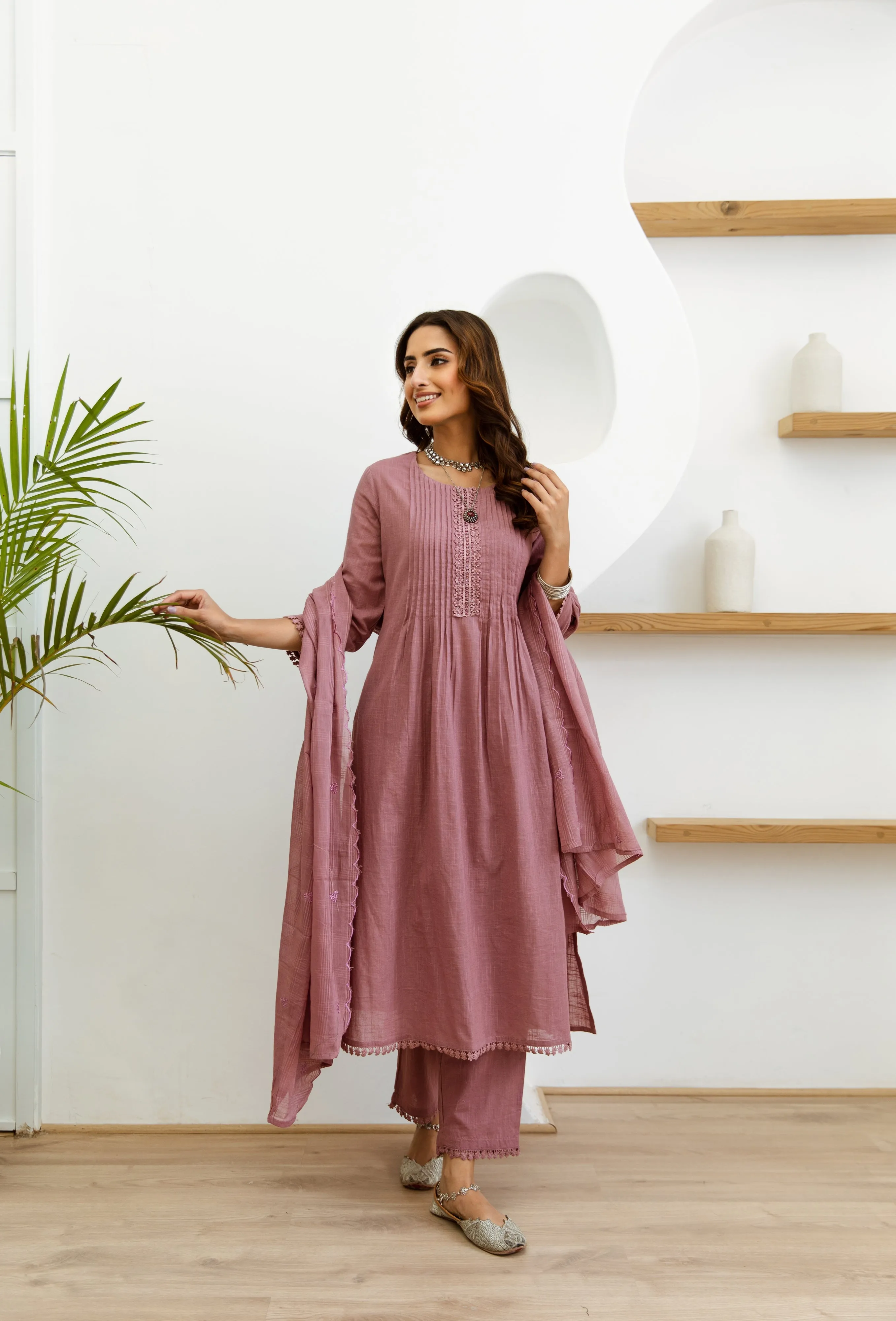 Women's Pink Cotton Kurta, Pant  and Dupatta Set