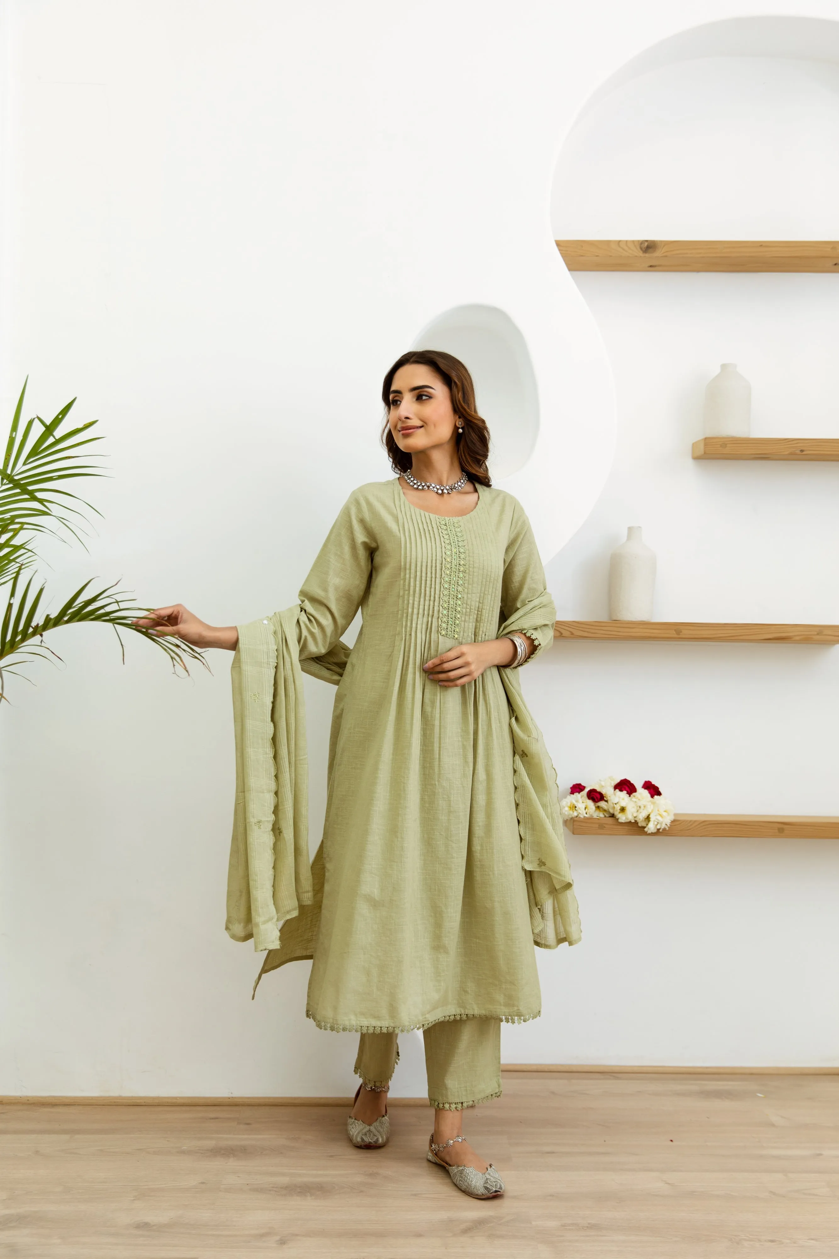 Women's Pista Green Cotton Kurta, Pant  and Dupatta Set