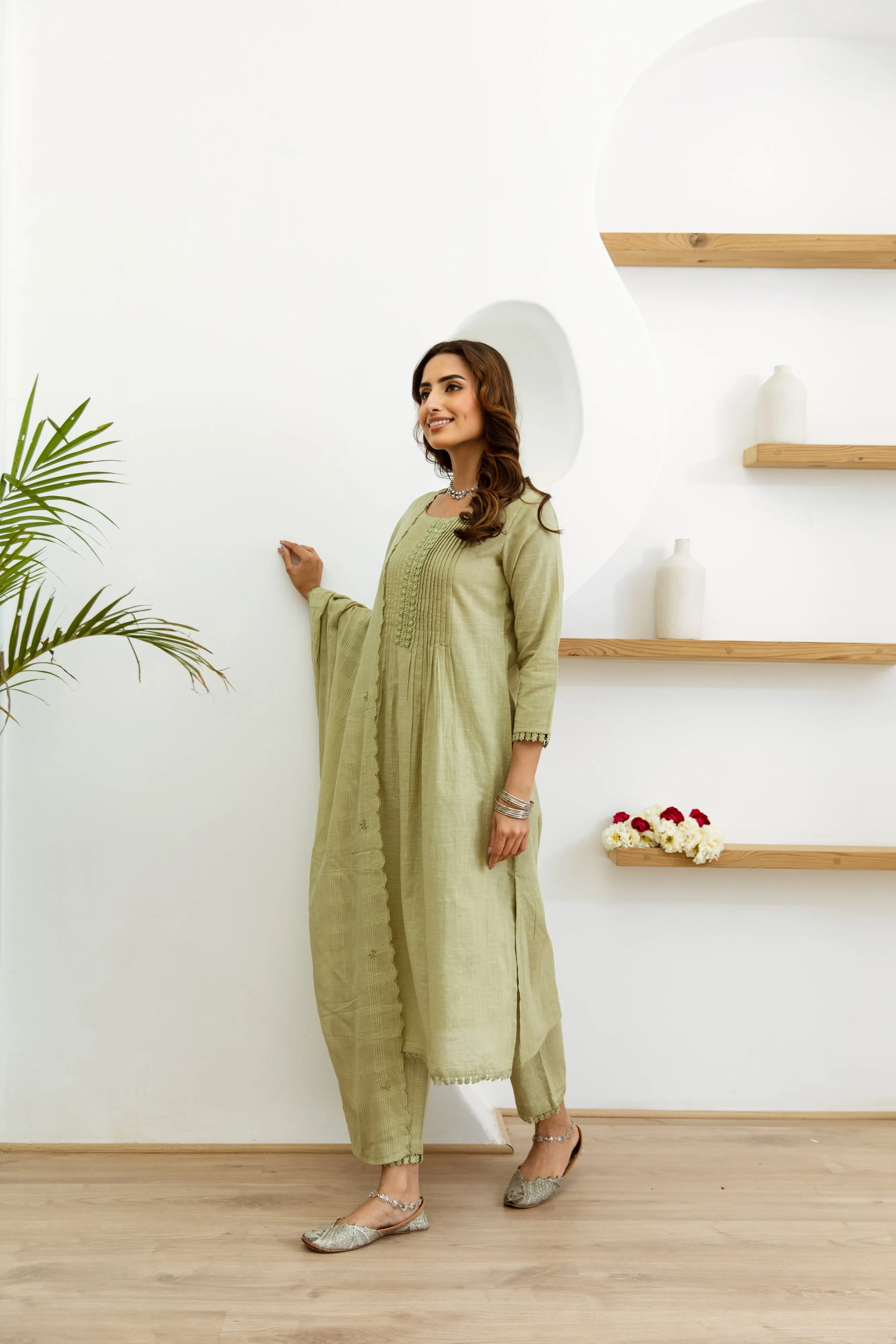 Women's Pista Green Cotton Kurta, Pant  and Dupatta Set